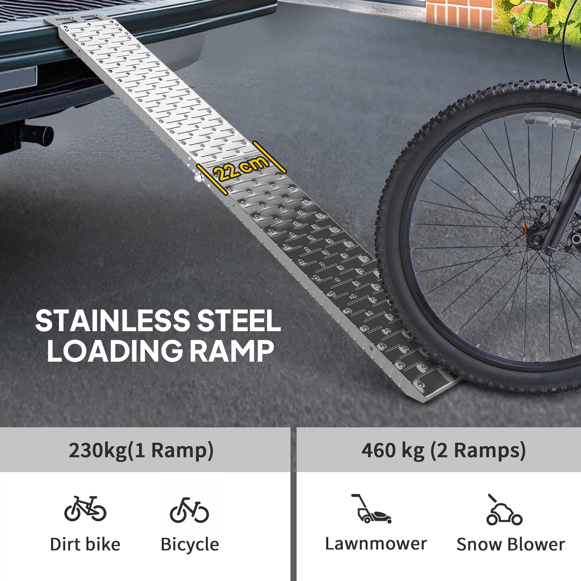 HOMCOM Rampa de carga plegable de acero con carga máxima de 230 kg, que ahorra espacio Rampa antideslizante para motocicletas con ruedas de 22 cm de ancho, para motocicletas y bicicletas, 190x22x8 cm,