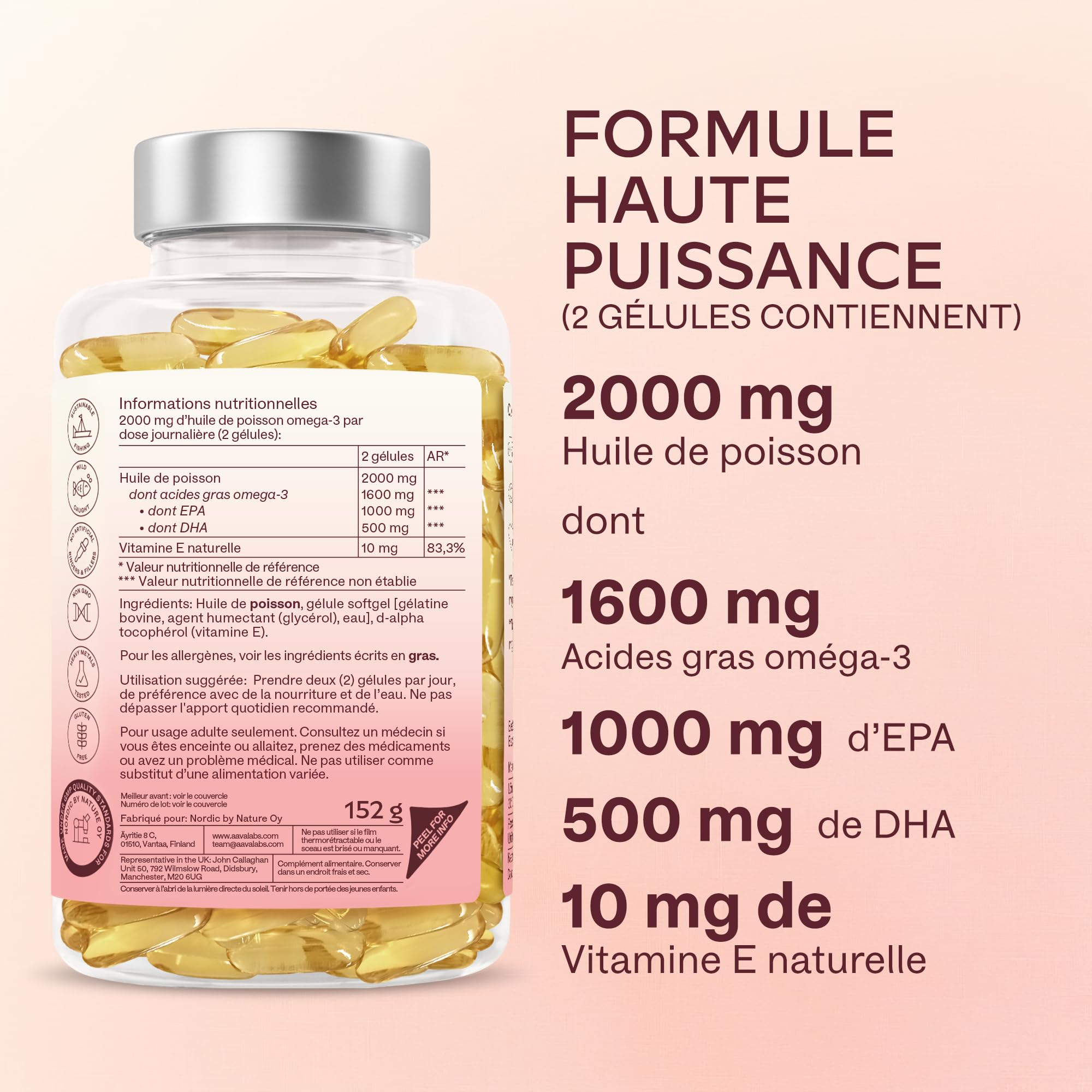 Omega 3 DHA EPA Huile de Poisson Sauvage 2000mg: 1000mg EPA + 500mg DHA par dose (2 gélules) - Complement Alimentaire Omega3 Fish Oil Concentration Pure et Forte en Oméga 3 et Vitamine E - 120 Gélules