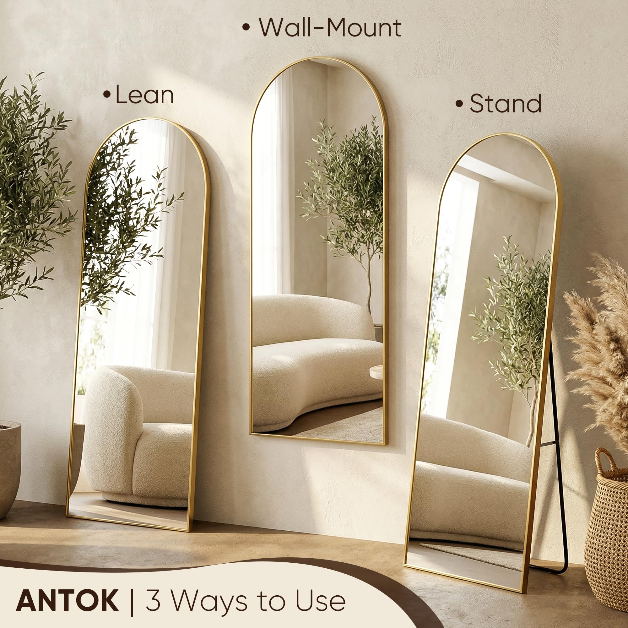 Antok Specchio a figura intera, 147,3 x 45,7 cm, specchio da pavimento autoportante, specchio a corpo intero con supporto per camera da letto, specchio da appendere per soggiorno guardaroba, oro