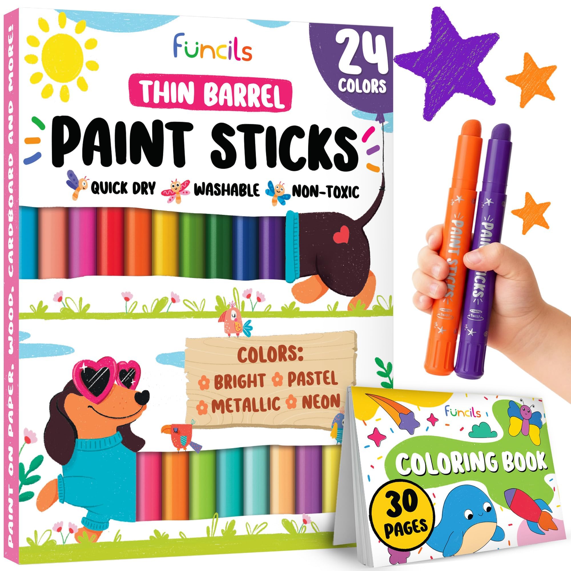 Funcils 24 Thin Tempera Paint Sticks for Kids Washable (Coloring Book incl) | Non-Toxic Markers for Toddlers 1-3 | Works on Paper, Canvas, Wood, Cardboard - Painting Crayons, Art and Craft Supplies