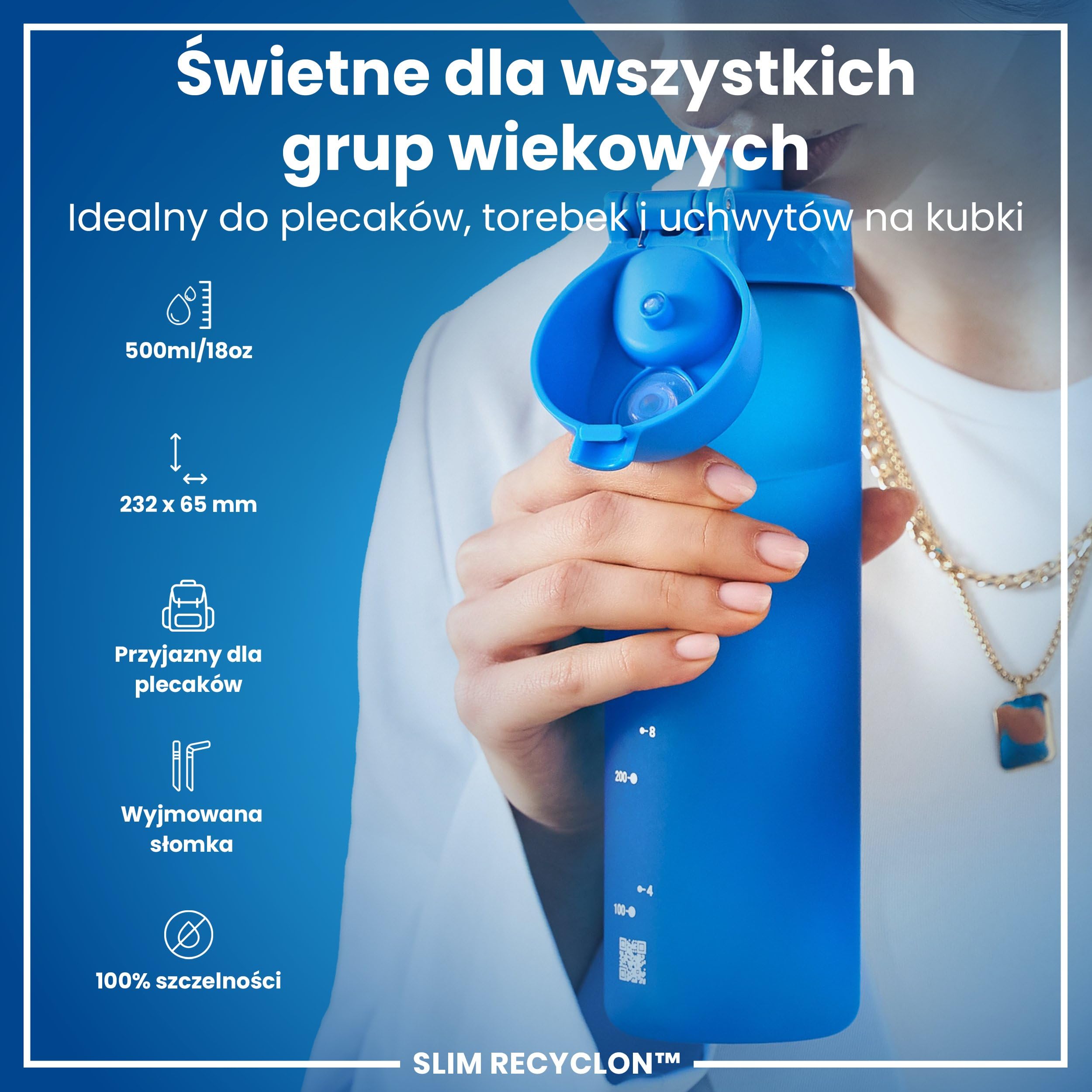 ION8 Butelka Na Wode Ze Słomką, 500 ml/18 oz, Szczelna, Łatwa do Otwarcia, Bezpieczny Zamek, Można Myć w Zmywarce, Bez BPA, Higieniczna Osłona ze Składanym Uchwytem, Łatwa w Czyszczeniu,Niebieski