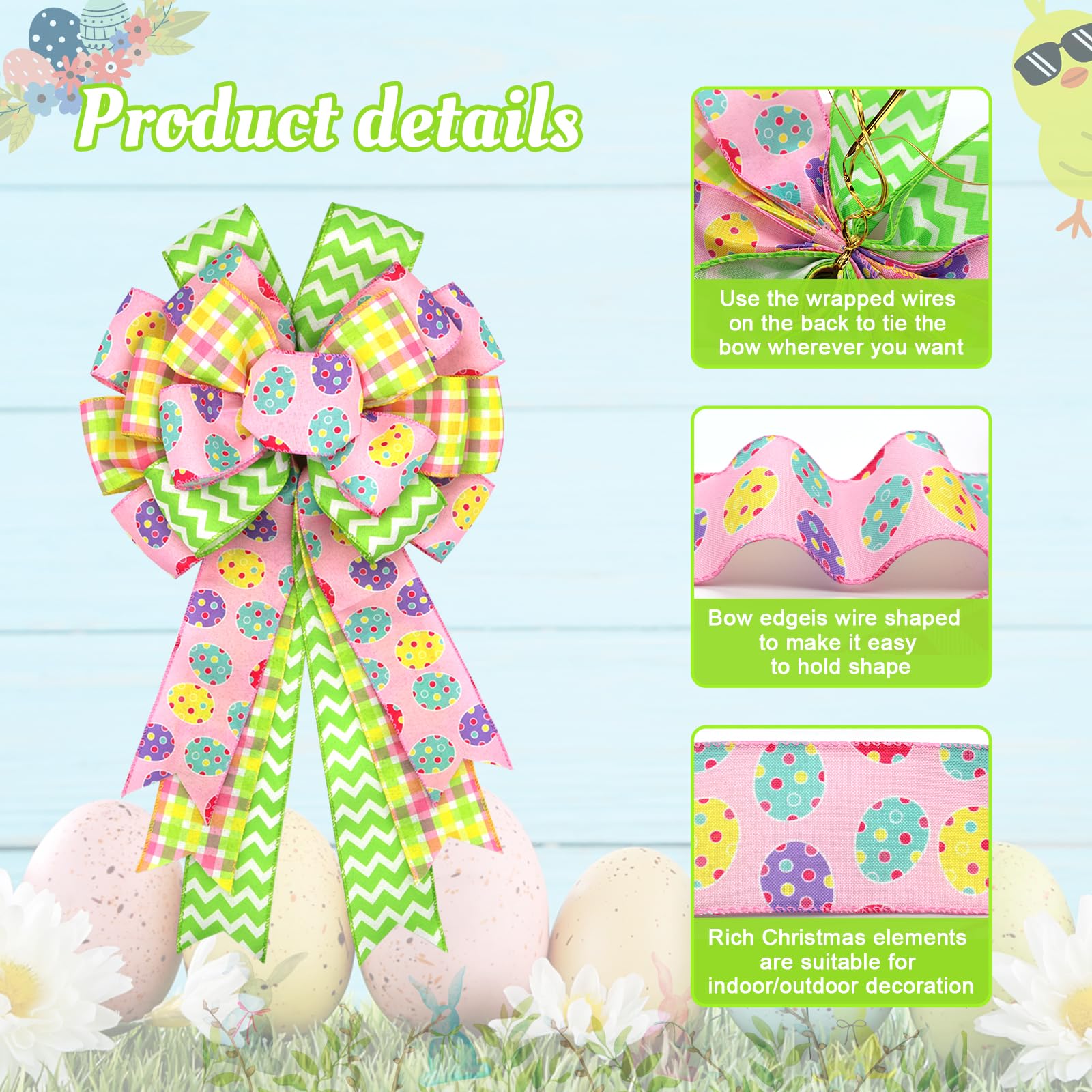 Large Easter Bows for Wreath 20x11 Inch, 2 Pack Pre-Tied Easter Egg Wired Ribbon Bow, Big Tree Topper Bow for Front Door Indoor Outdoor Spring Summer Decoration (Yellow)