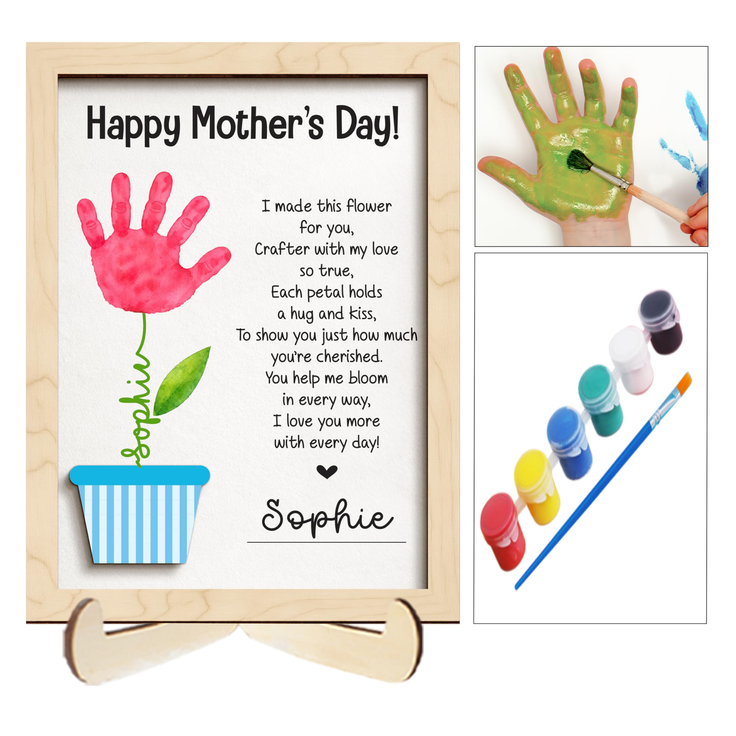 Mothers Day Handprint Gifts for Mom from Daughter Son, Personalized Family Handprint Frame, Custom Family Art Keepsake, DIY Flower Craft Wood Sign with Paint, Gift for New Parents, Grandma, Nana