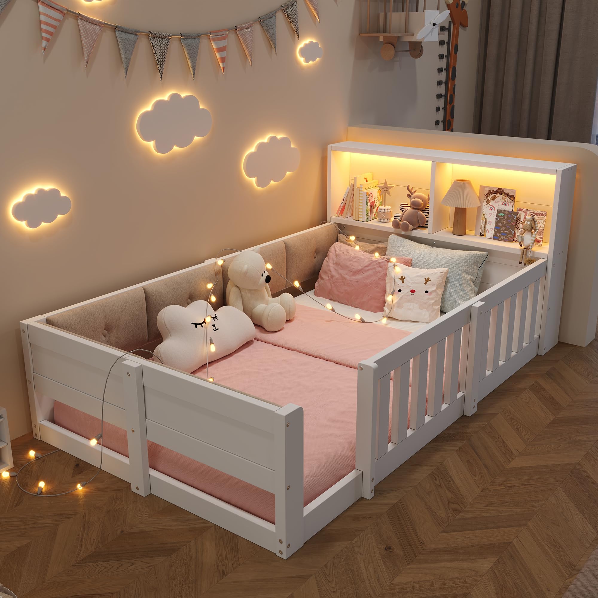 Kebnor Letto piatto a sbalzo, 90 x 200 cm, con griglia laterale, senza materasso, stile minimalista, con barra luminosa a LED, bianco