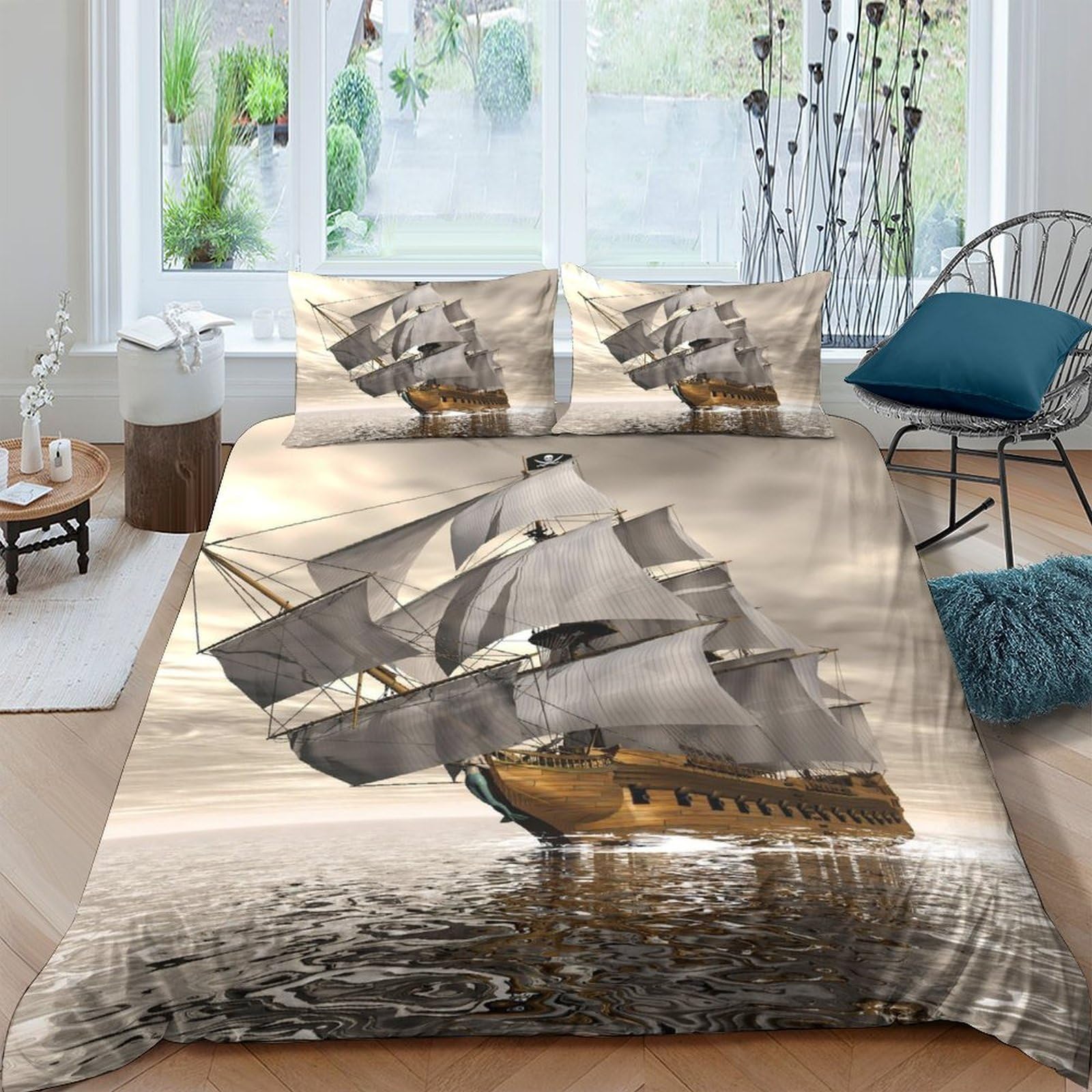 Ctjqhvkz Style-8 3D Printed Vintage Sailing Ship Fitted Sheet Microfiber Soft Breathable Ocean Bed Cover For Bedroom Decor Single（135X200cm）