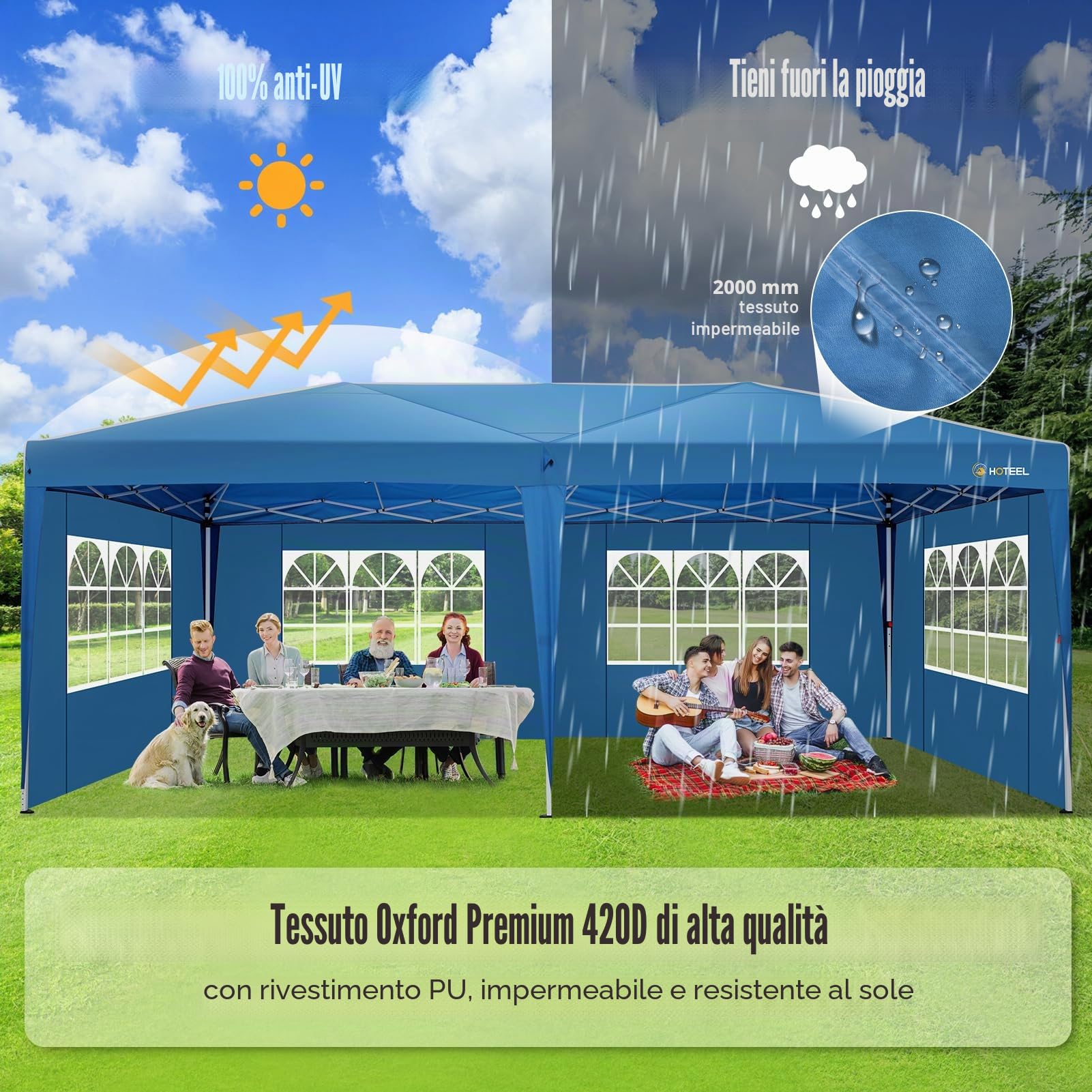 HOTEEL Gazebo 3x6 Pieghevole Impermeabile Con 6 Pareti Gazebo Esterno Resistente Robusto Professionale Richiudibile Per Feste, Matrimoni, Mercato, Con 4 Sacchi Di Sabbia E Borsa Per Il Trasporto