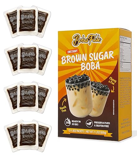 BOBA FIDE Instant Brown Sugar Boba Tapioca Pearls, 12 Packets of Microwavable Black Tapioca Pearls for Boba Bubble Tea, Ready in 25 Seconds, No Corn Syrup, Preservatives & Gluten Free, Vegan - Brown Sugar - 12 Servings