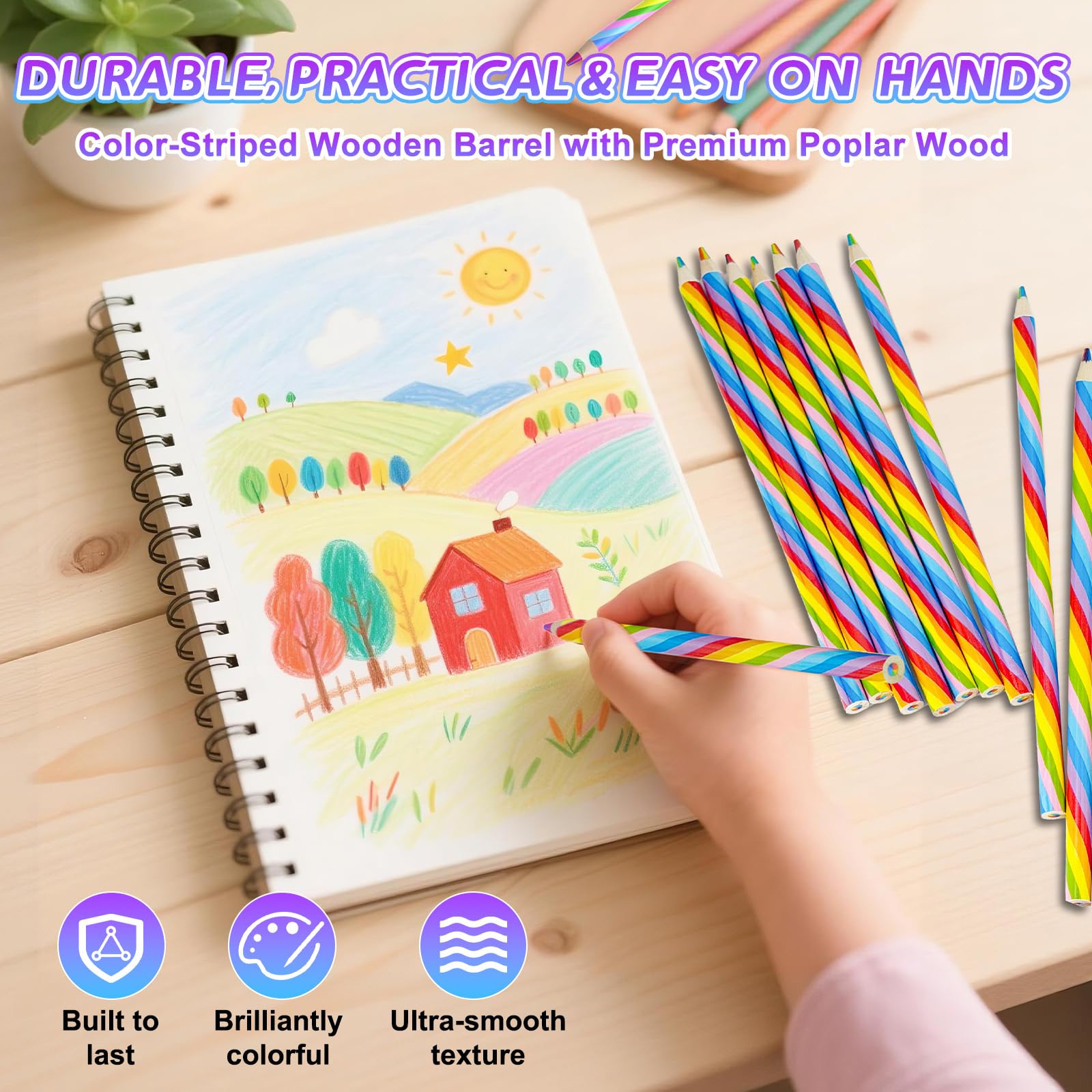 Crayons de couleur arc-en-ciel en bois 7 en 1 lot de 24 pour enfants adultes fournitures artistiques