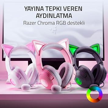 Razer Kraken Kitty V2 - Oyun ve yayın için Kitty Kulaklı Kablolu RGB Kulaklık (325 g, TriForce 40 mm Sürücüler, HyperClear Kardioid Mikrofon, Surround Ses) Beyaz