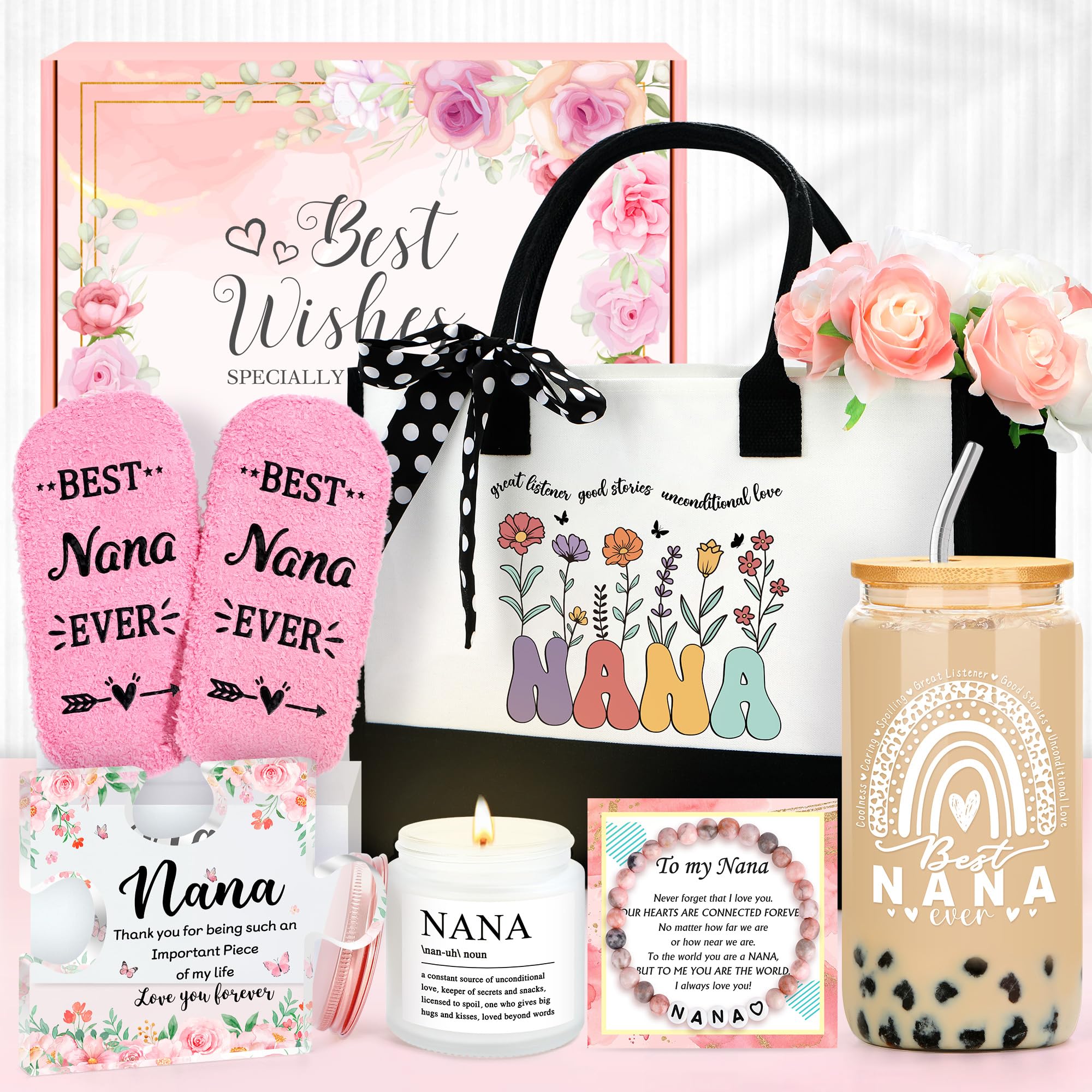 Saineron Nana Gifts For Nana Birthday Gifts For Grandma Gift Ideas For Grandmother Birthday Gift Include Grandma Tote Bag Bracelet Cup Candle Socks Acrylic Puzzle For Mothers Day Christmas Easter