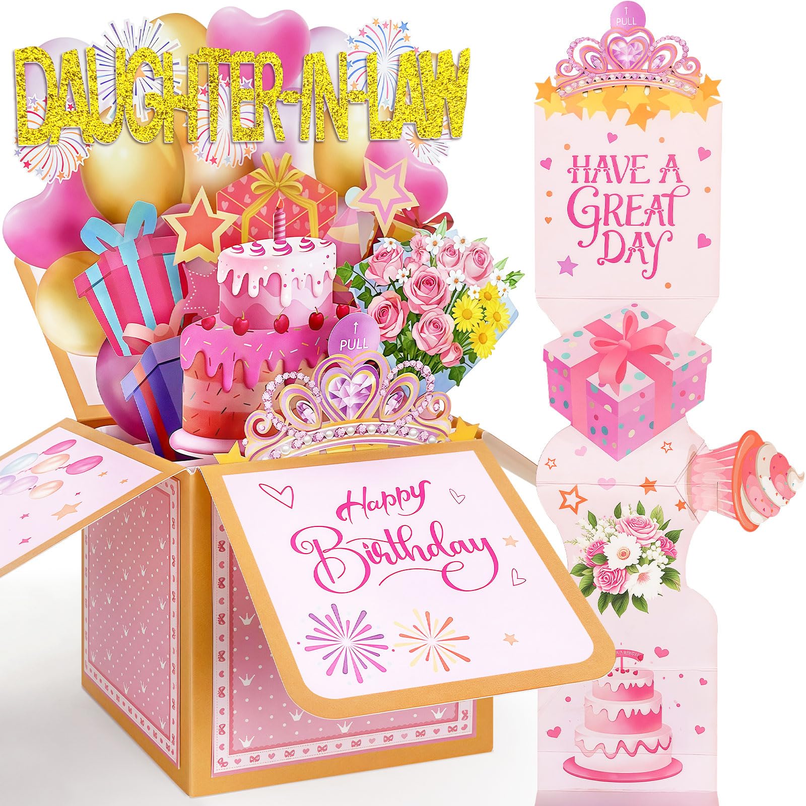 YianHien Daughter in Law Birthday Card, 3D Pop Up & Pull-Out Gift Box Design, Birthday Card for Daughter in Law Adult with Cake Bouquet & Crystal Tiara Decorations, Unusual Gifts for Daughter in Law