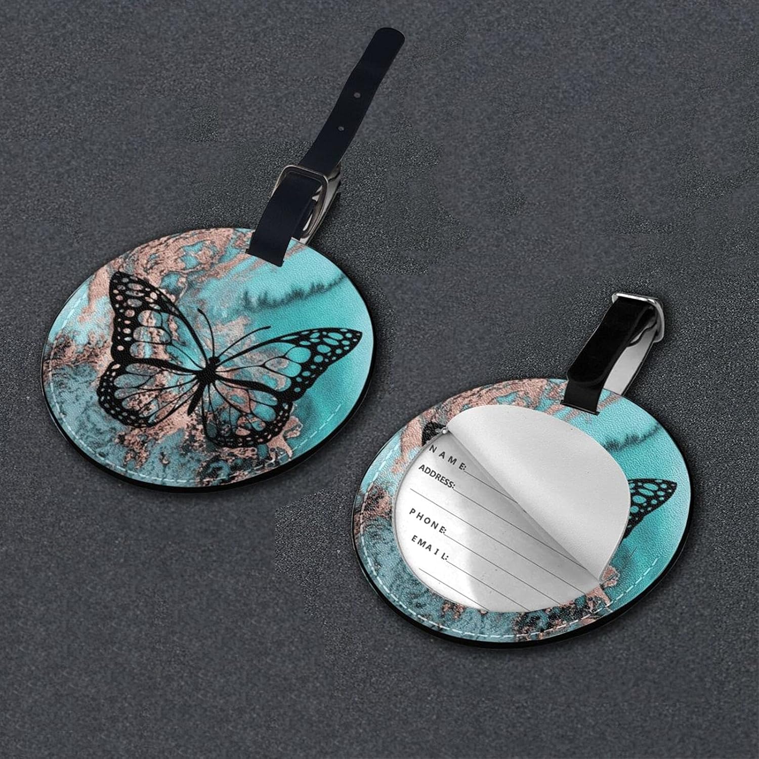 Luggage Tag Black Butterfly Teal Rose Gold Marble, Pu Leather Bag Travel Suitcases Id Identifier Baggage Label for Women Men Boys Girls image 5