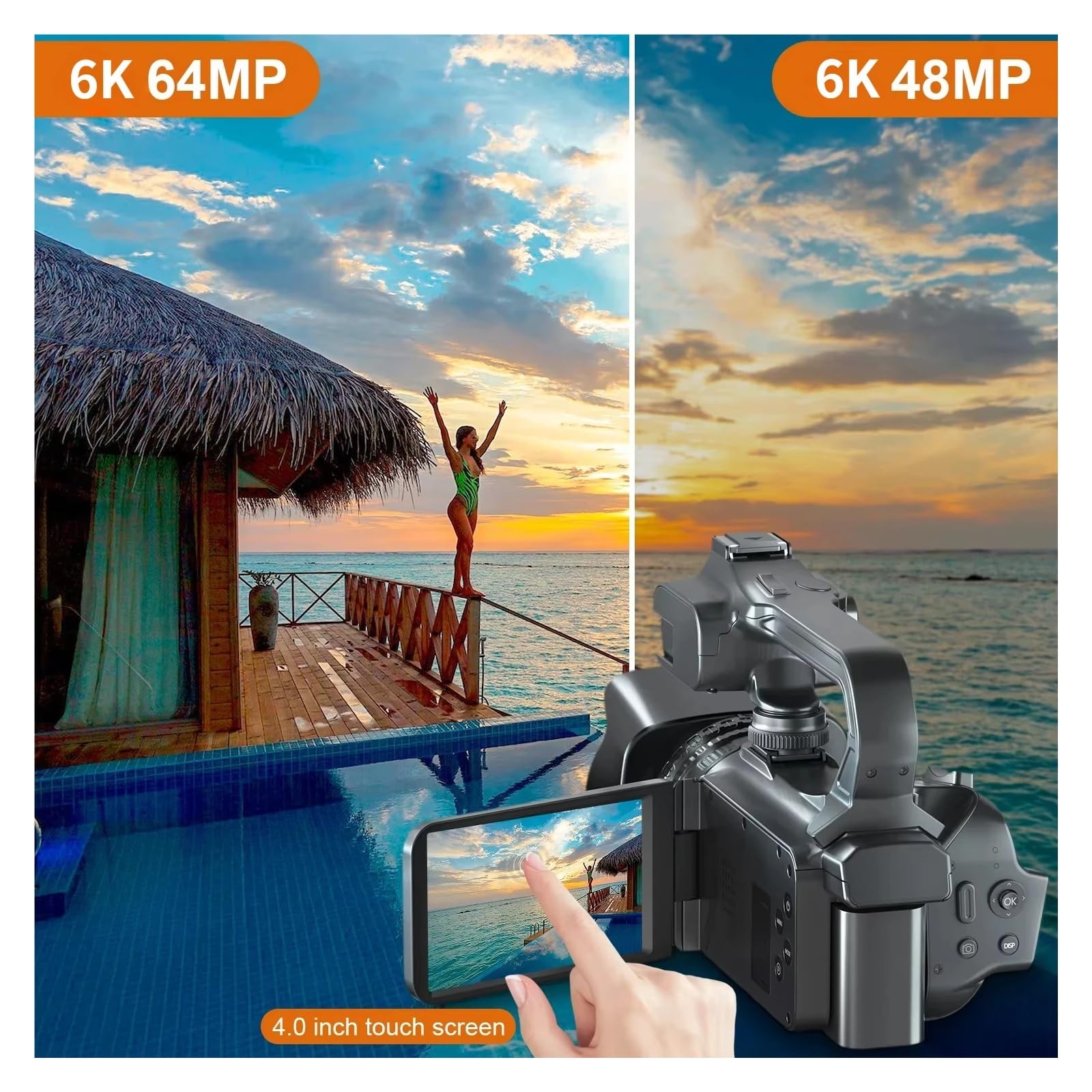 Videocamere Professionali Ultra HD 6K for la Fotografia, videocamere con Zoom Digitale 18X for Streaming Live, registratore for vlog da 64 MP(with Mic)