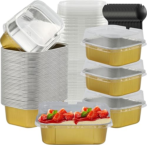 Mini moldes desechables para pasteles con tapas, 50 forros para cupcakes de 5.5 onzas con tapas, mini moldes de aluminio con tapas, mini latas para