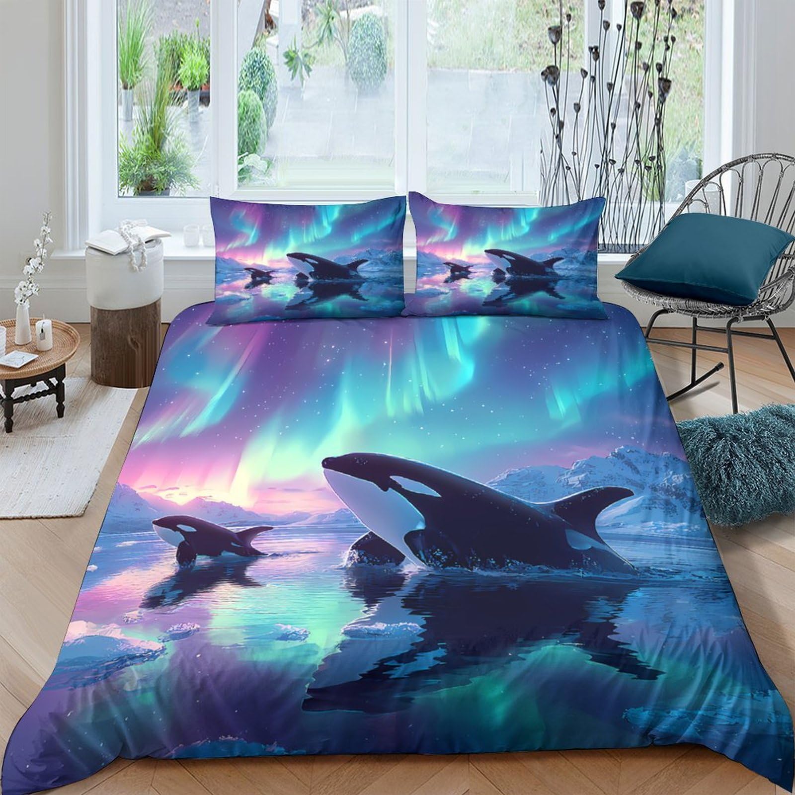 Ctjqhvkz Style-9 3D Printed Aurora Whale Fitted Sheet Microfiber Soft Non-Slip Mattress Cover Ocean Night Bedroom Decor Single（135X200cm）