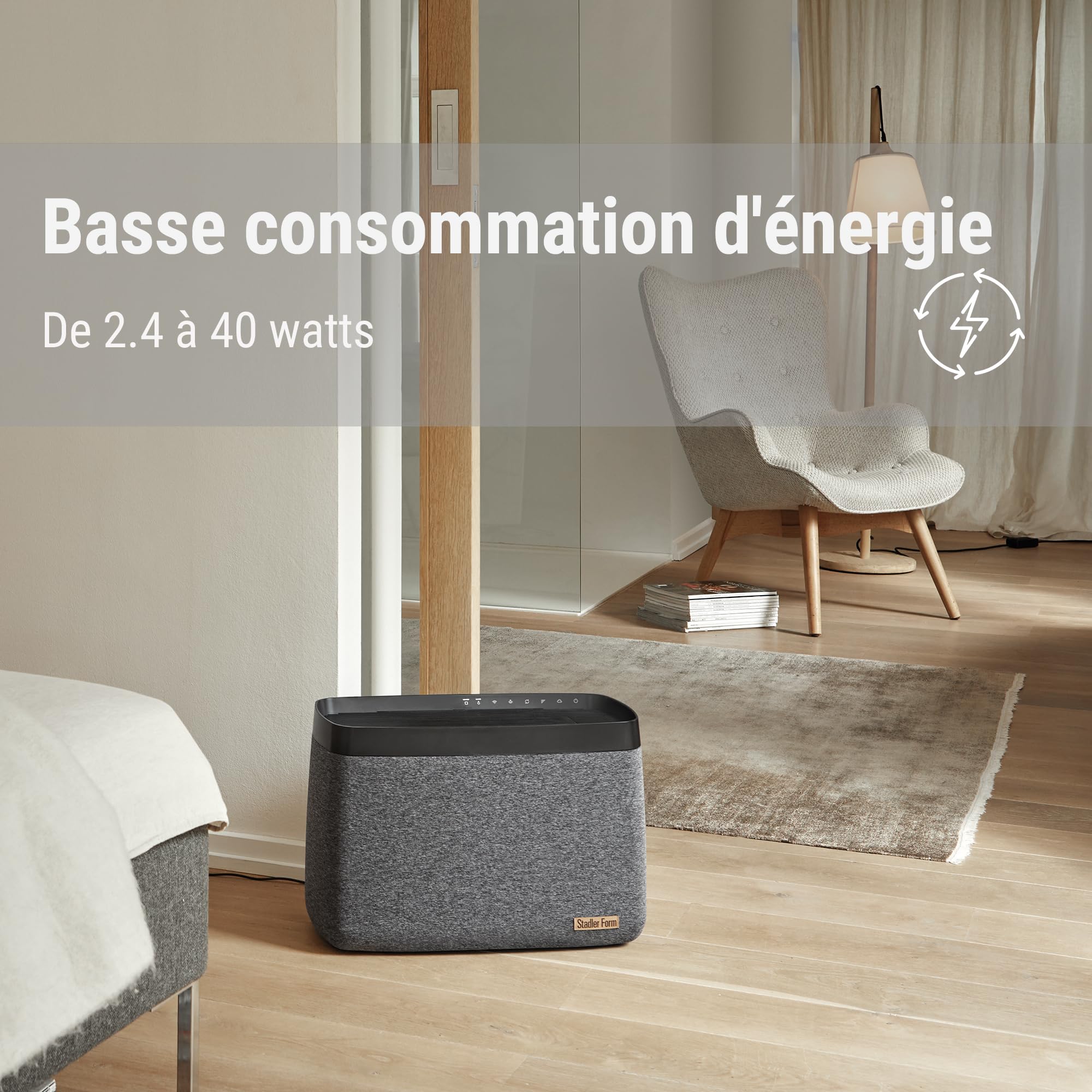 Karl big humidificateur d’air de Stadler Form évaporateur puissant permettant d’humidifier des pièces atteignant 150m2, réservoir d’eau de 10 litres, configurable par appli, noir