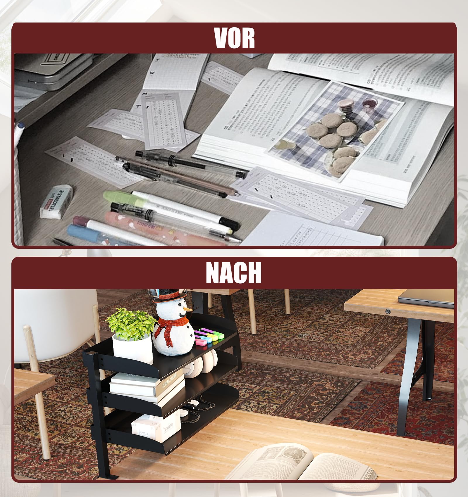 uyoyous Klemmbares Schreibtisch Organizer Regal 3 Tier Einstellbar Büro Organizer Kohlenstoffstahl Schreibtisch Erweiterung Klemmregal Schreibtischregal Tischregal für Büro, Home, Schule (44×22×39cm)