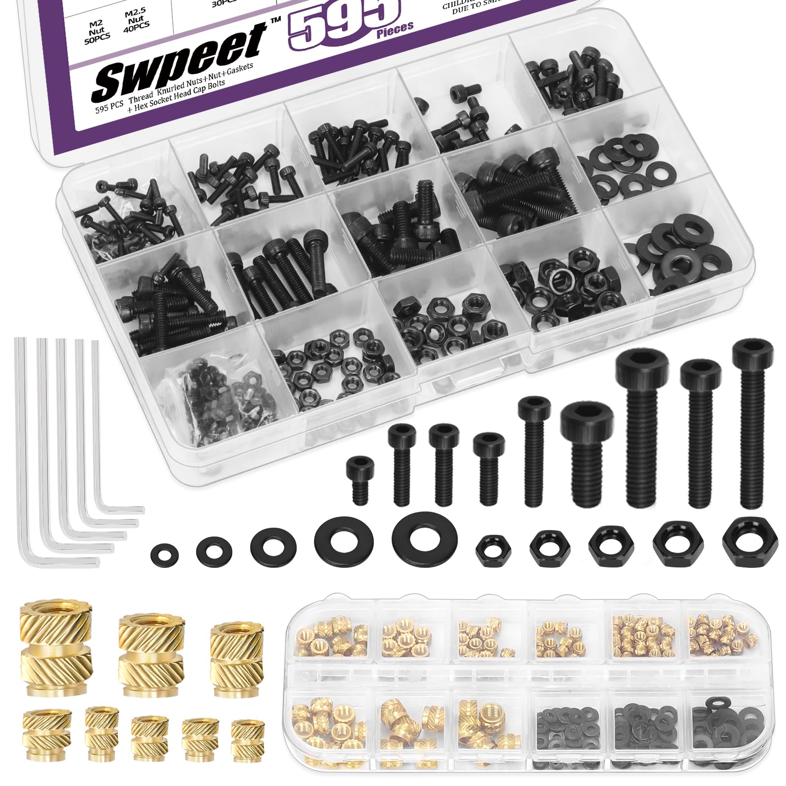 Swpeet 595Pcs M2 M2.5 M3 M4 M5 12.9 Alloy Steel Hex Socket Screws and Brass Threaded Inserts with Nuts Washers Wrench Assortment Kit