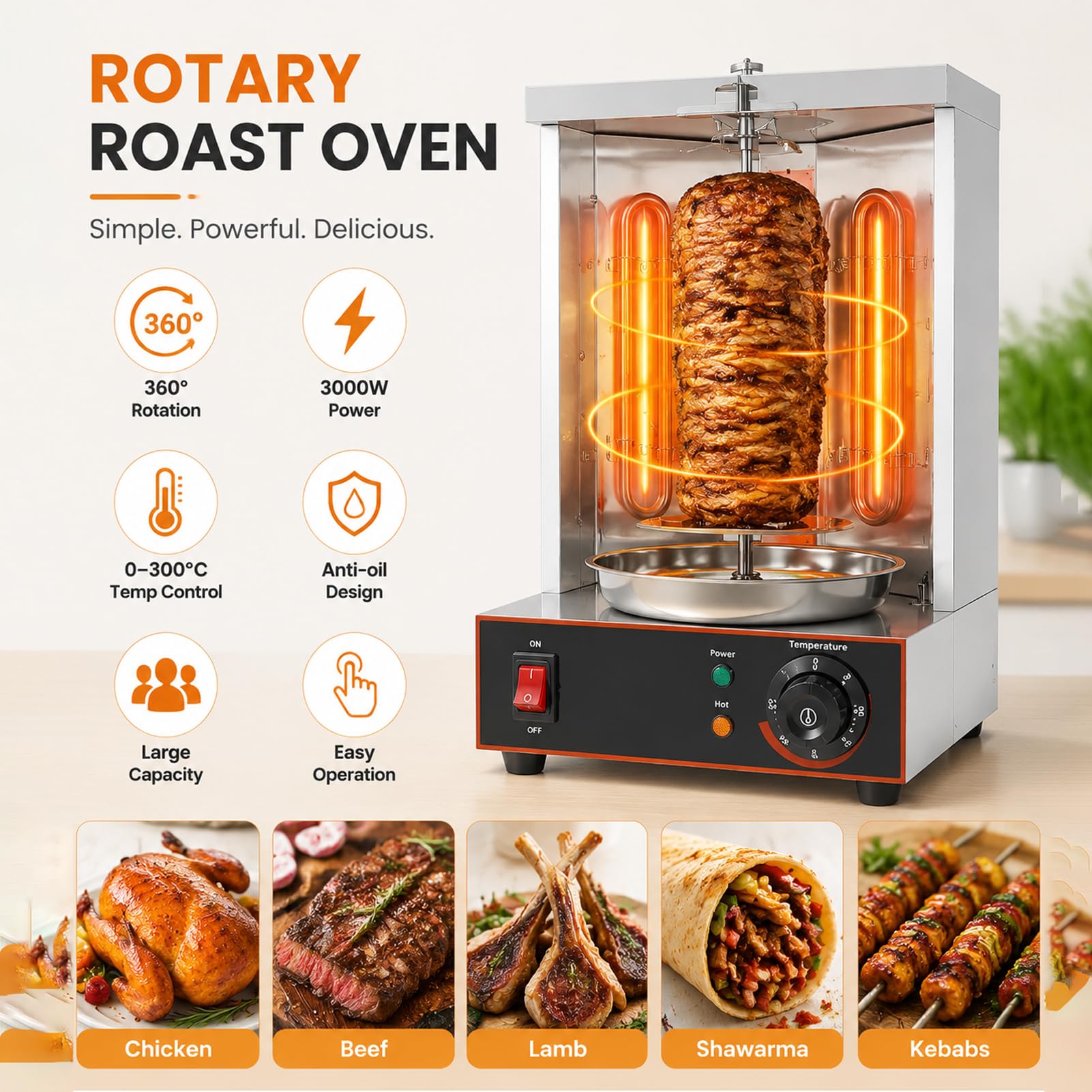 Grill Kebab Döner Elettrico 3000W Forno Verticale 360° 50–300°C Gyros Acciaio Inox Macchina Shawarma 2 Resistenze per Carne Uso Domestico e Professionale