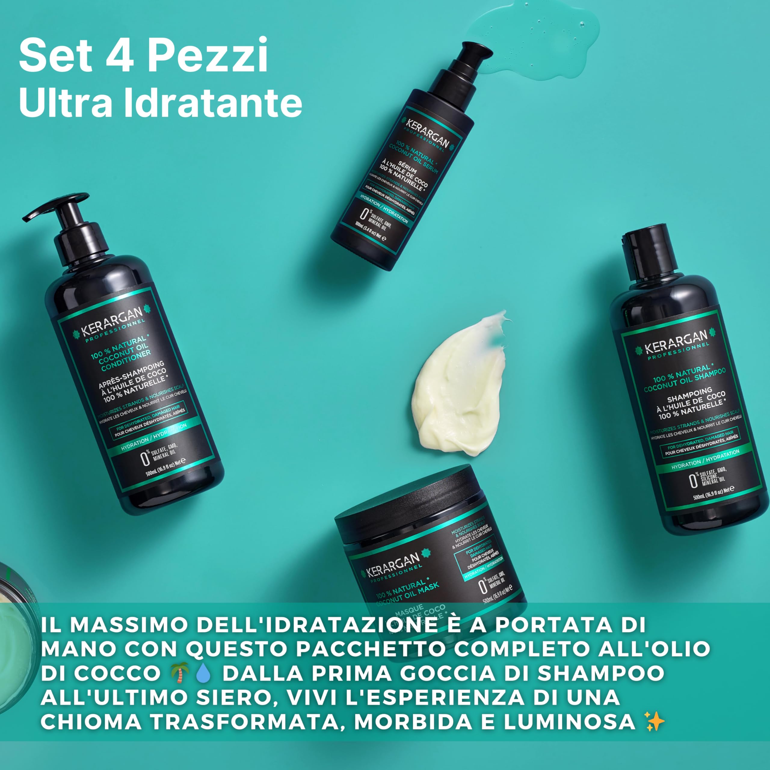 Kerargan - Set Idratante Shampoo, Balsamo, Maschera & Siero all’Olio di Cocco - Cura Completa per Capelli Disidratati, Danneggiati - Senza Solfati, GMO, Silicone - 3x500 ml + 100ml | Shampoo, balsamo, maschera e siero al cocco, routine completa per idrata