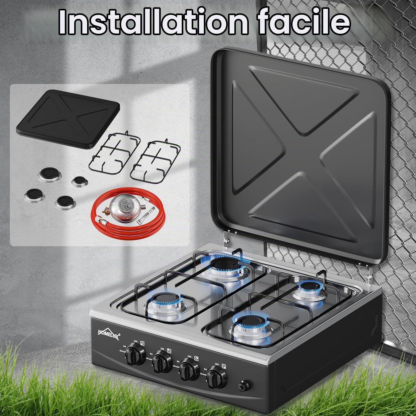 HOMELUX Réchaud de camping, 4 brûleurs à gaz | Plaque de cuisson à gaz de 6,2 kW avec tuyau de raccordement de 1,5 m et réducteur de pression 50 mbar