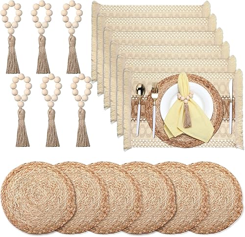 Zhehao Juego de 6 manteles individuales bohemios de arpillera de algodón natural y hierba, manteles individuales con borlas, cuentas de madera,