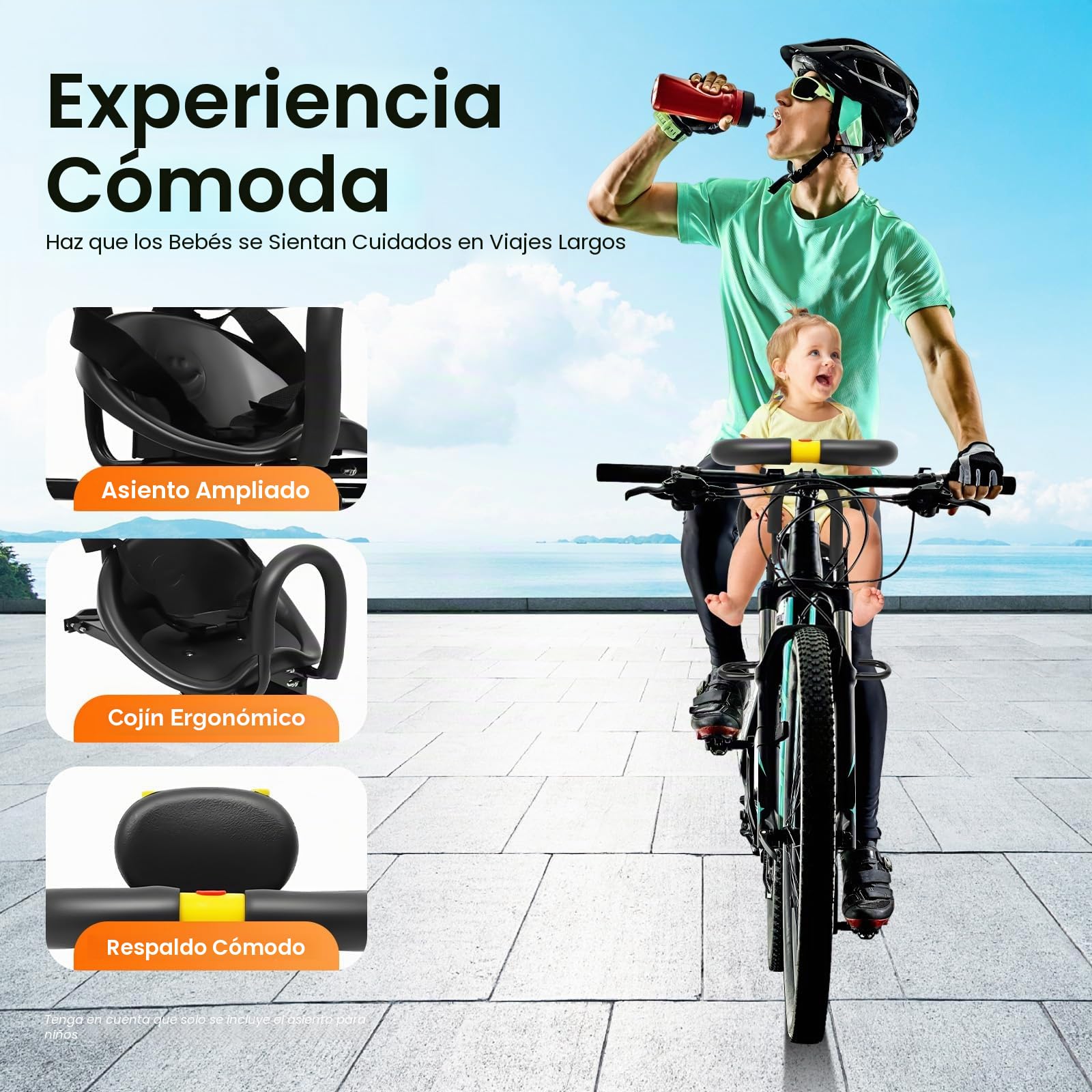 Asiento infantil ajustable para bicicleta delantero seguro con correas y barandillas, práctico para bicicletas de ciudad y bicicletas familiares