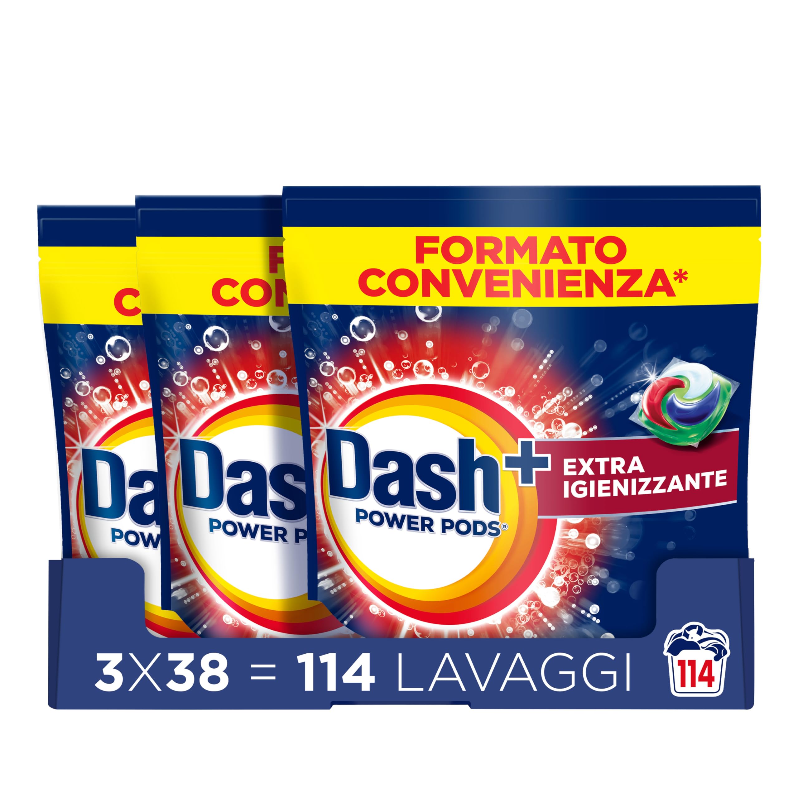 Dash Power Pods Detersivo Lavatrice In Capsule, 114 Lavaggi (38x3) Extra Igienizzante, Pulizia profonda contro sporco e batteri, Pulizia Impeccabile