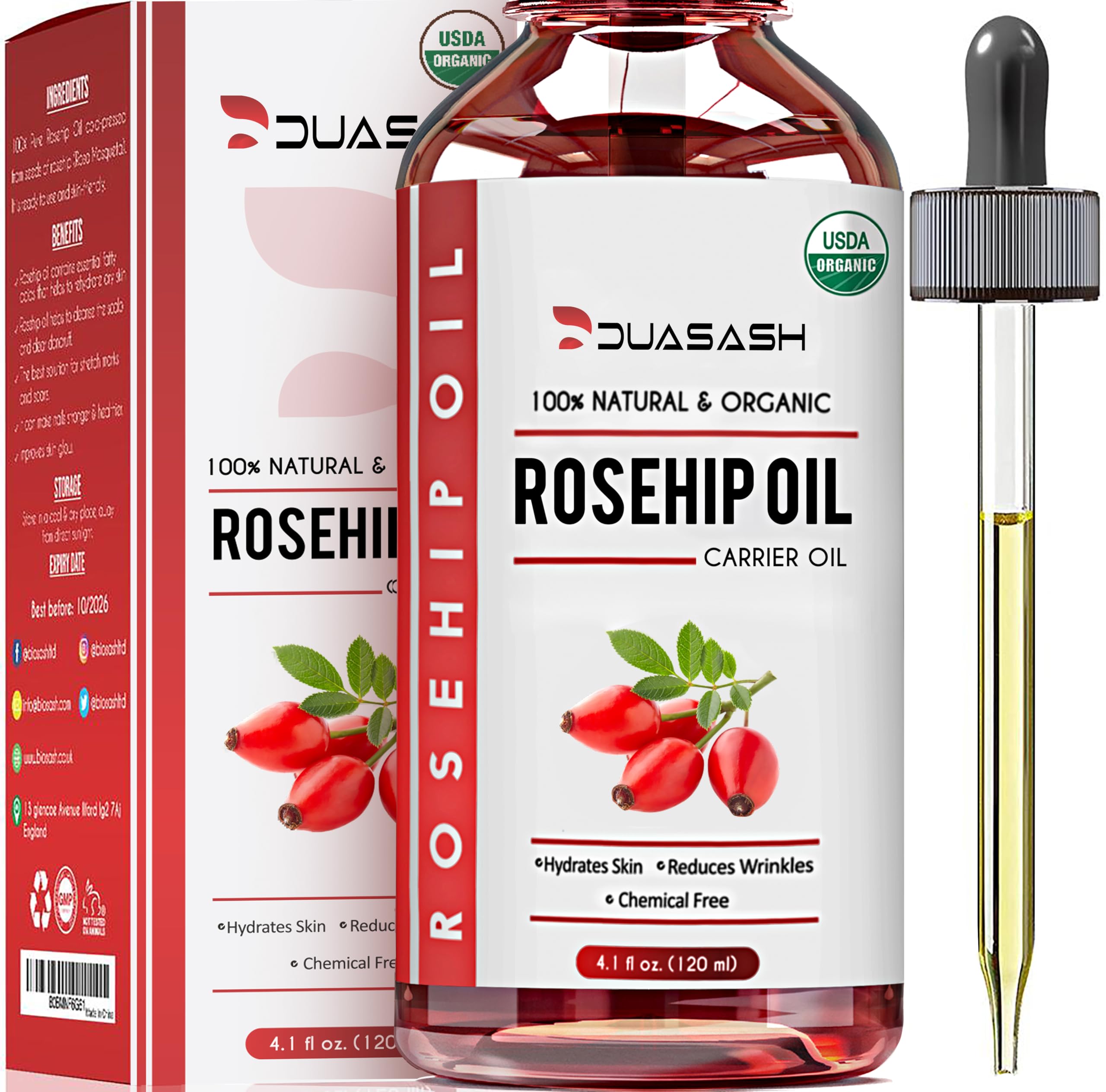 Rosehip Oil for Face, Skin 120ml, 100% Pure Cold Pressed Natural, Unrefined, Hydrating, Nourishing & Moisturising Carrier Oil, Organic Rose hip Seed Oil for Skin, Nails & HairUSDA Organic