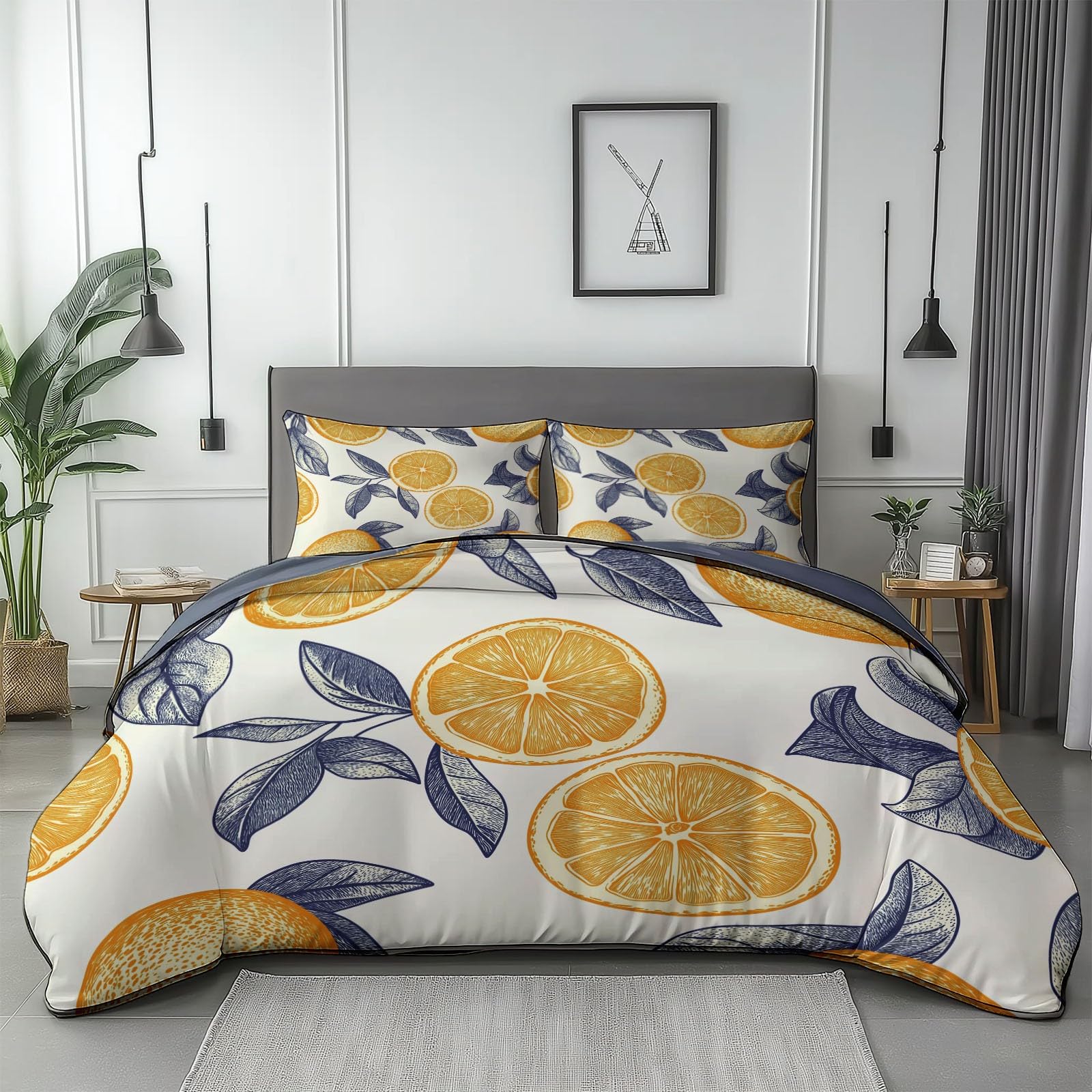 Poszwa na kołdrę 240x260 cm z mikrofibry, zestaw pościeli z pomarańczowymi liśćmi roślinnymi z 2 poszewkami na poduszki w kolorze szarym z nadrukiem Dwustronna poszwa na kołdrę na 4 pory roku