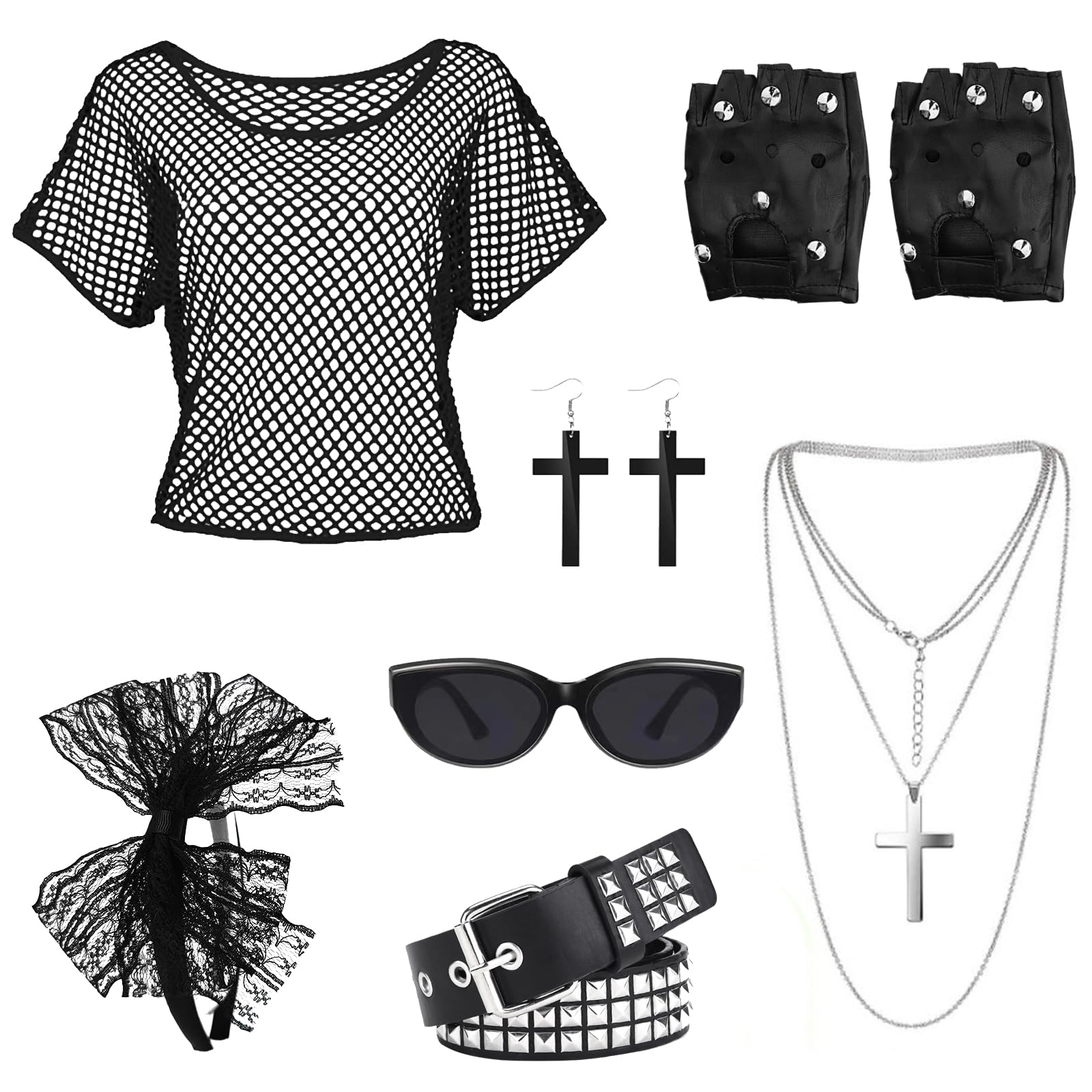 Boyigog 80s Fancy Dress Costume Set-7Pcs Black Retro 80s 90s Party Costume for Women, with Accessories Black Fishnet T-shirt Headband Earrings Necklace, Studded Belt, Gloves Sunglasses