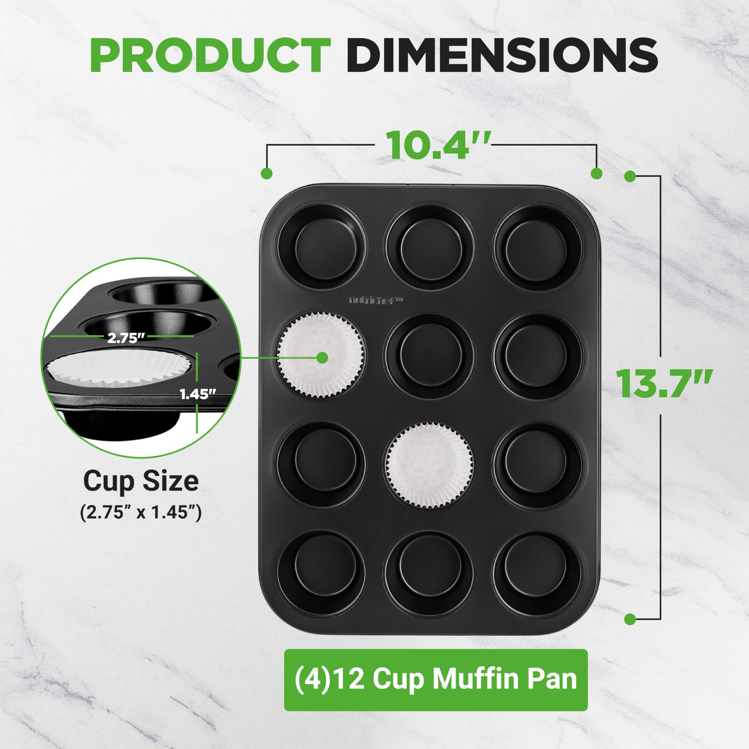 NutriChef Muffinformen zum Backen, antihaftbeschichtet, 12 Formen, stapelbare Cupcake-Formen, Karbonstahl, spülmaschinen- und ofenfest, inklusive 200 Pergamentpapiereinlagen, 33 x 10 x 2,5 cm, Schwarz