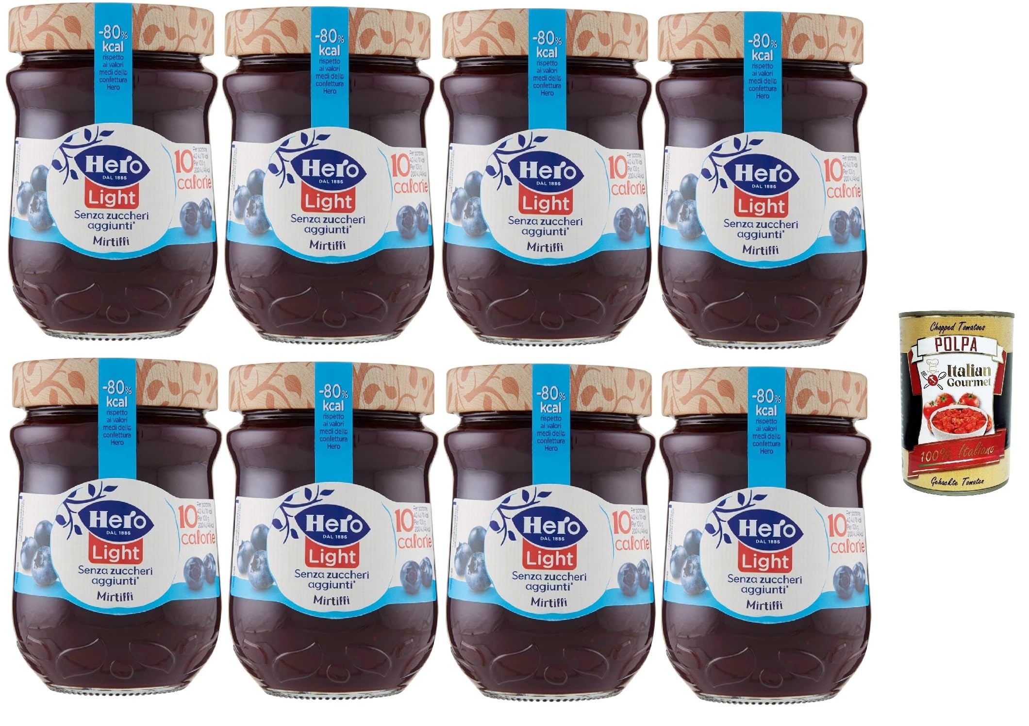 Hero Light Lot de 8 bocaux de 280 g de myrtilles, de confiture et de confiture supplémentaire, fruits de qualité, sans conservateurs et sans colorants, Italian Gourmet polpa 400 g