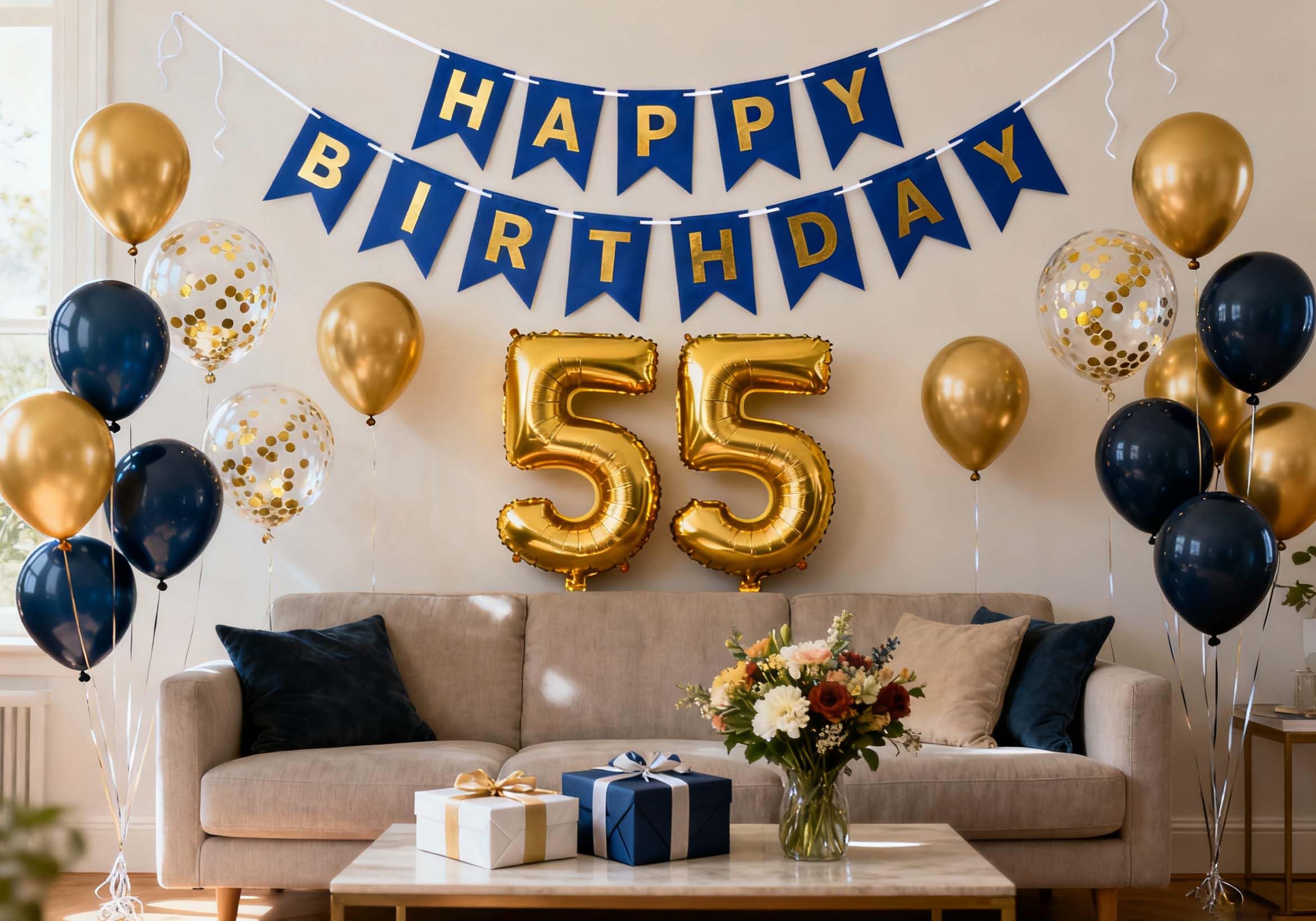 55th Birthday Decorations for Men Women - Navy Blue Gold Happy 55 Banner Latex Confetti Balloons, Big 55 Foil Numbers Balloons for 55 Years Old Men Him Husband Birthday Party Supplies(55th) โ image 1