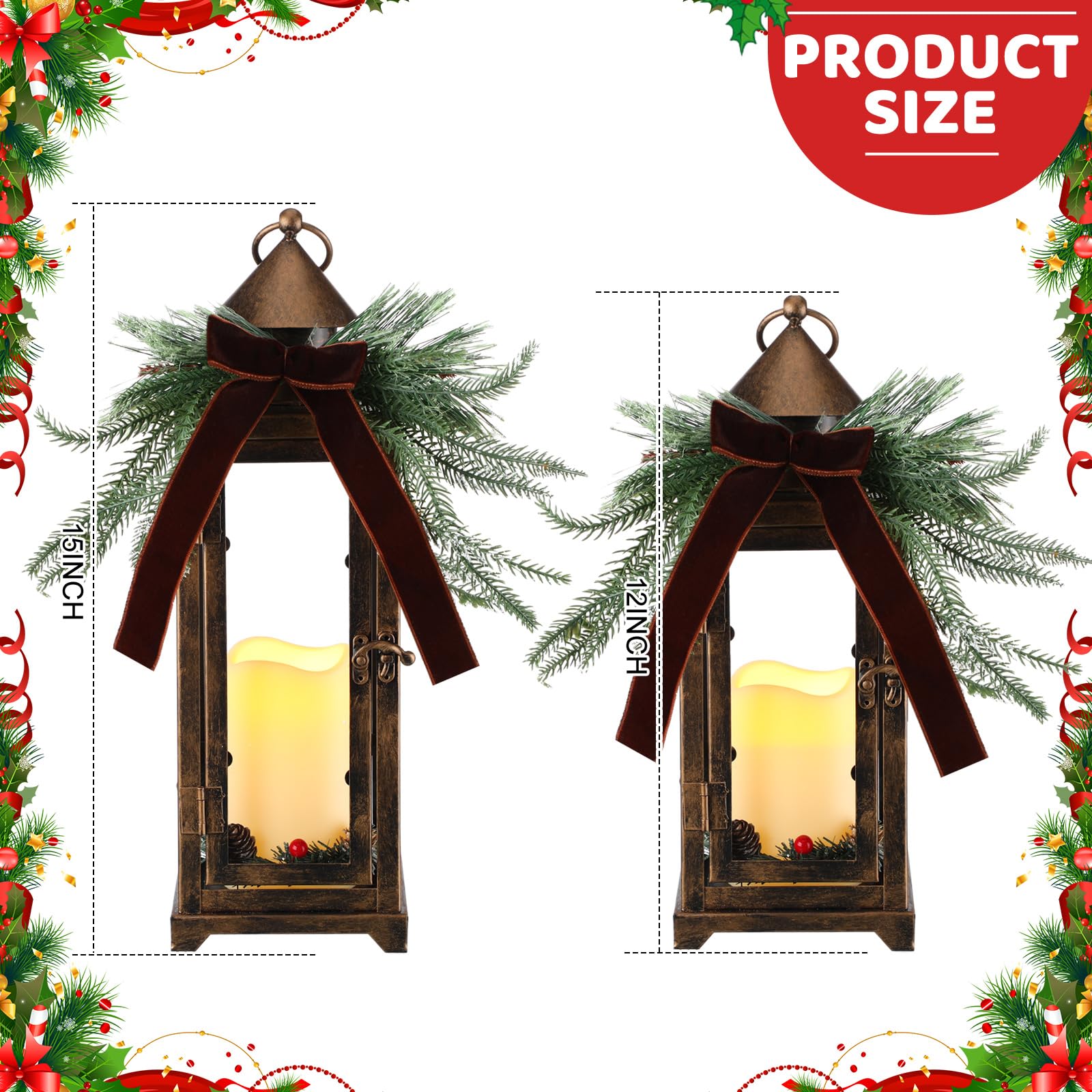 Baquler 2 faroles de metal de Navidad y velas LED falsas de 12 y 15 pulgadas, faroles decorativos con adorno de Navidad para porche, decoración interior al aire libre, regalo de fiesta (bronce)
