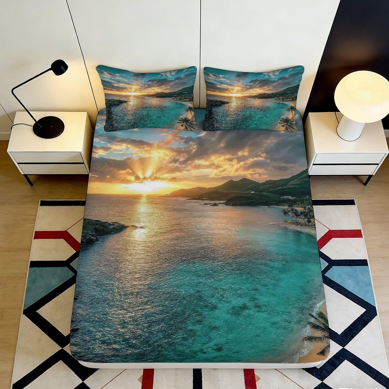Jqzkxnhpbr Style-4 3D Printed Sunset Ocean Fitted Sheet Microfiber Soft Breathable Seaside Landscape Mattress Cover For Bedroom Decor 90X200x25cm