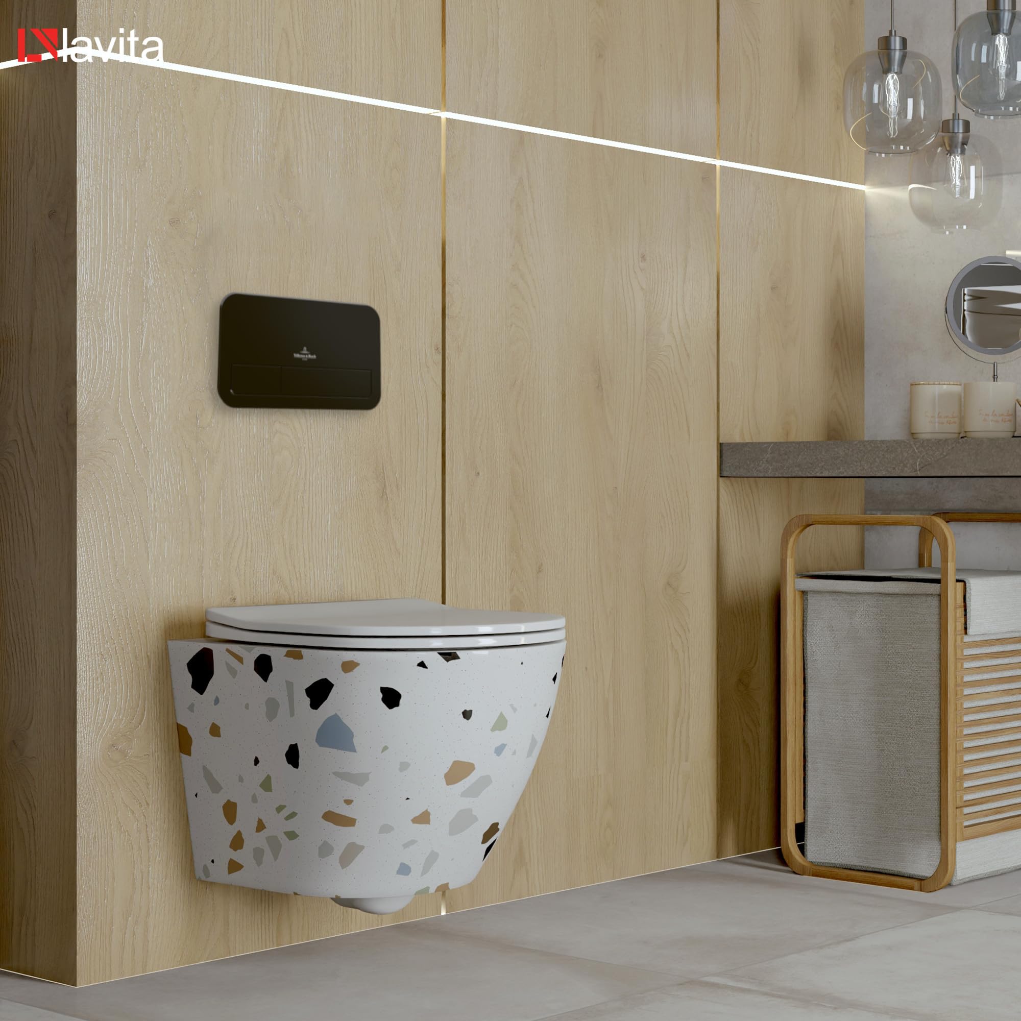 ViConnect H112 - Inodoro empotrado con placa de control + pared colgante profundo, inodoro Sofi Slim Stone sin bordes, juego completo, cisterna empotrada