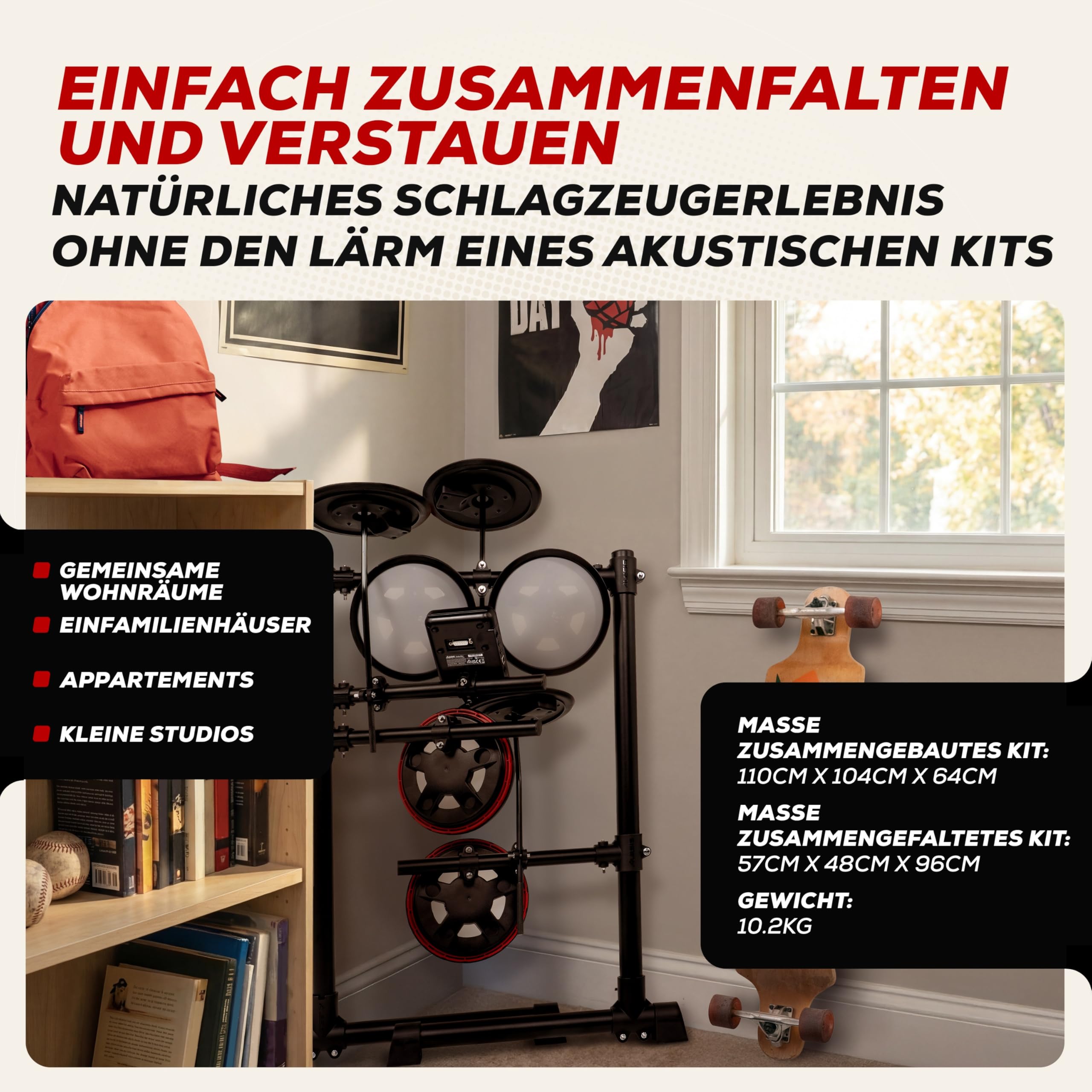 Alesis Turbo Max Schlagzeug Elektronisch mit leisen 8-Zoll Mesh Pads, Lektionen, Bluetooth und Zubehör, faltbar