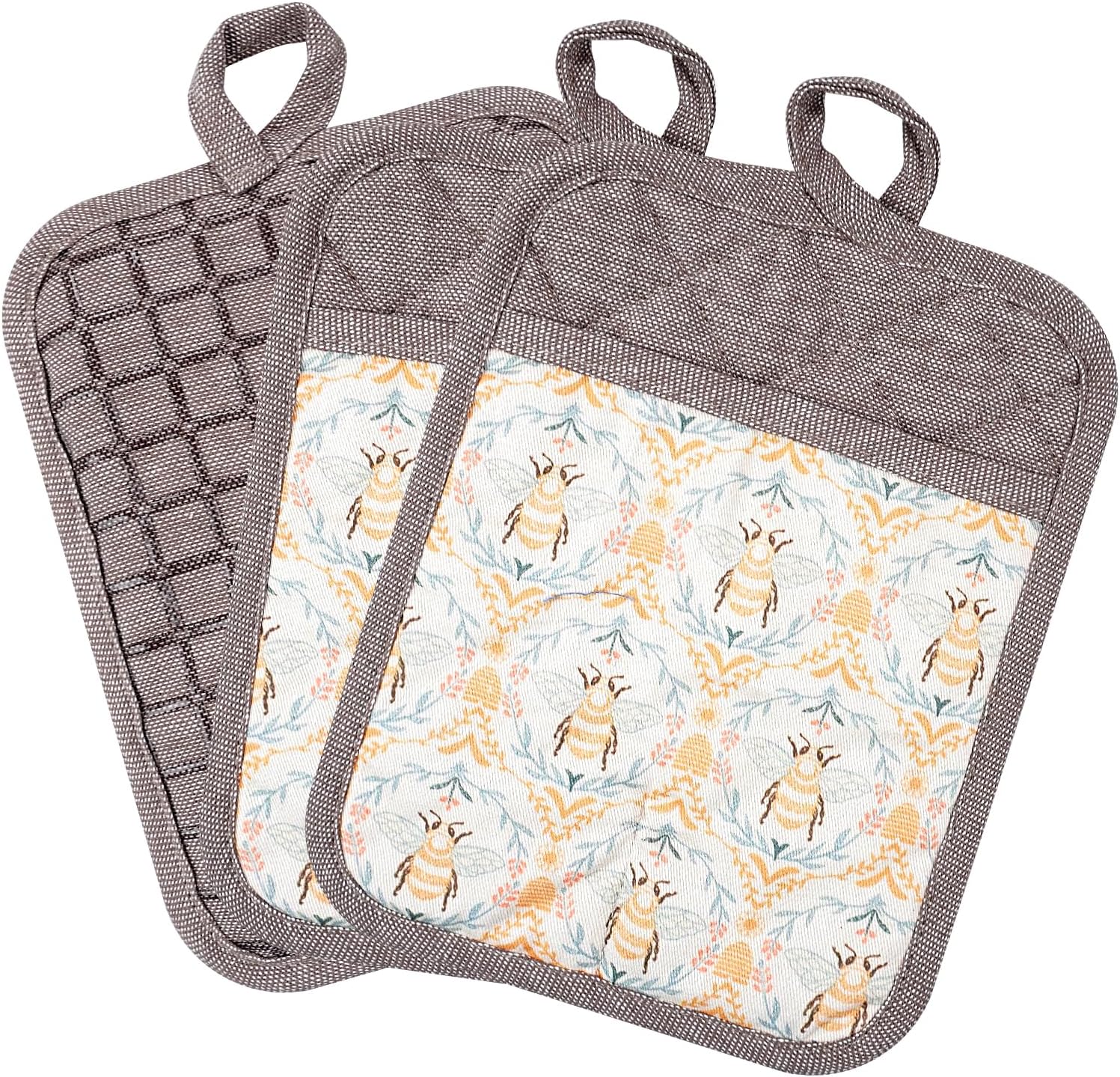 Pot Holders Set of 3 Silicone Printing Non Slip Heat Resistant, Yarm-Dyed Hot Pads Cotton Home Kitchen Cooking Barbecue Microwave Women Men Machine Washable BBQ Grilling. (Khaki Potholdes)