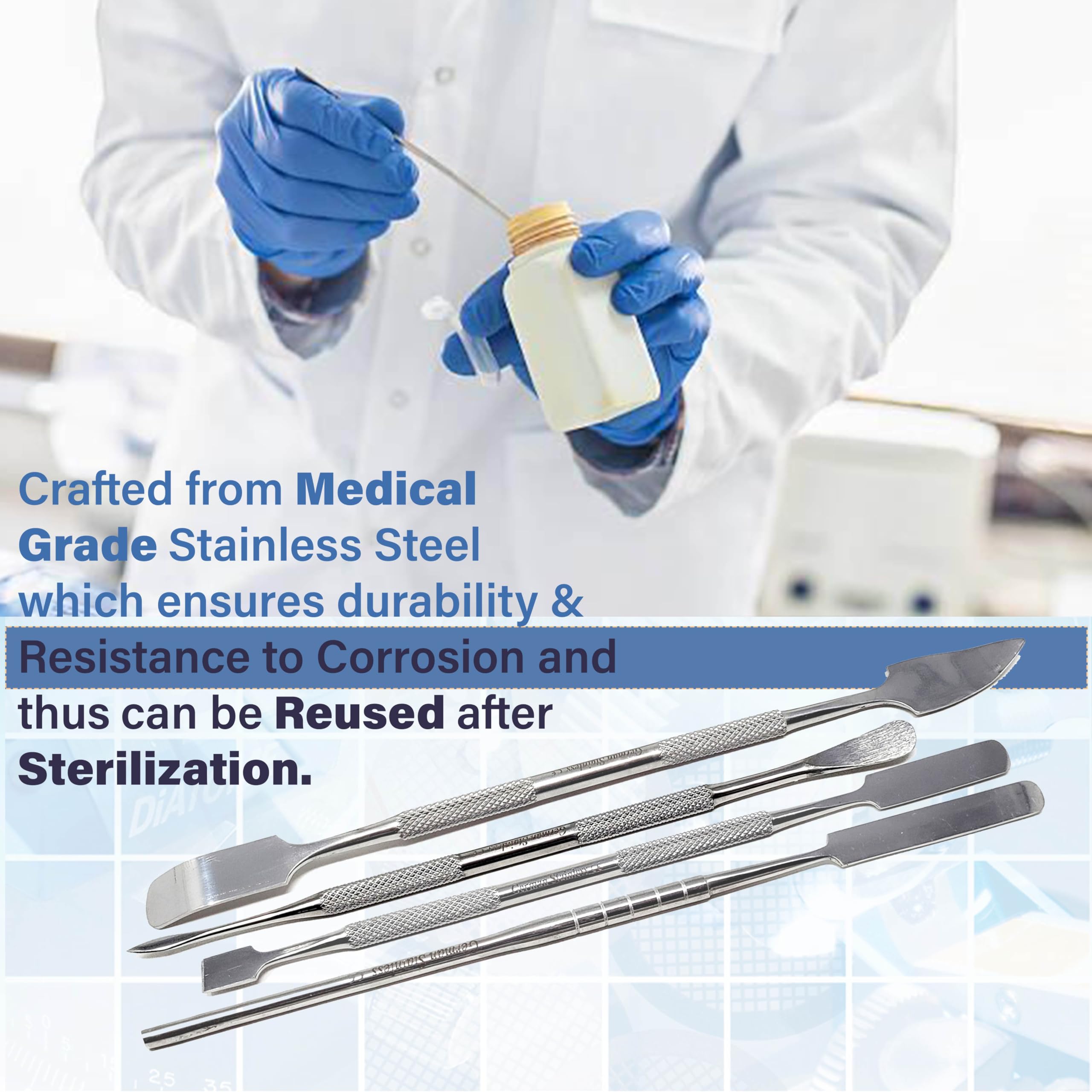 A2Z 4pc Micro Lab Spatula Sampler Set, Stainless Steel Double Ended Multipurpose Laboratory Sampling Spoon Mixing Filling Spatulas for Powders Gel Cap Filler for Lab,Home Use, Lab Technician's Tools