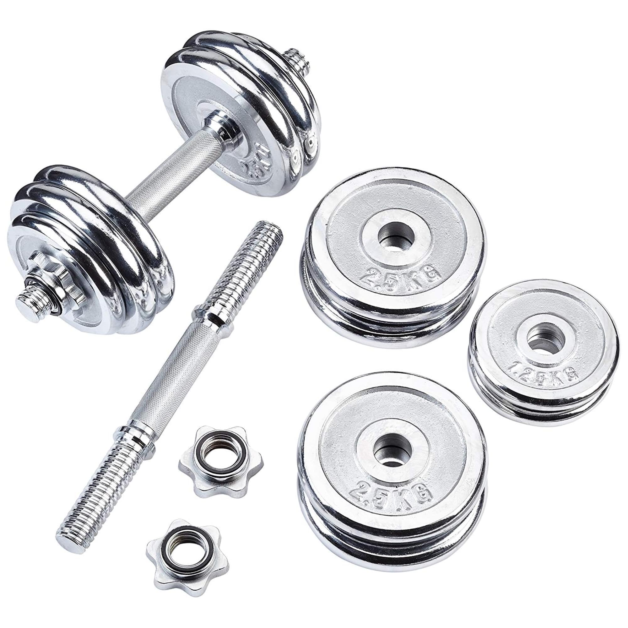 GORILLA SPORTS® Kurzhantelset 30 kg, 2er Set, 30 mm, Chrom, Griff gerändelt | Mit 4 Sternverschlüssen, 4 x 1,25 kg und 8 x 2,5 kg Hantelscheiben; rutschfest, Kurzhanteln, Hanteln, Hantelset, Hantel