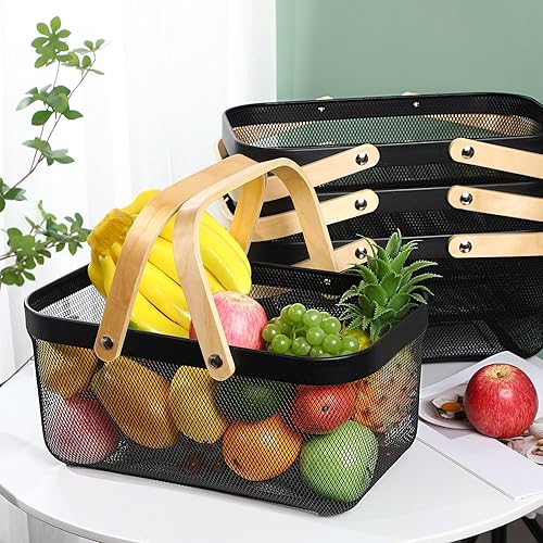 Miniatura 8 de Sadnyy 4 cestas de almacenamiento de alambre de metal con asa, cesta de cosecha de jardín, cesta duradera de frutas y verduras para organizar,