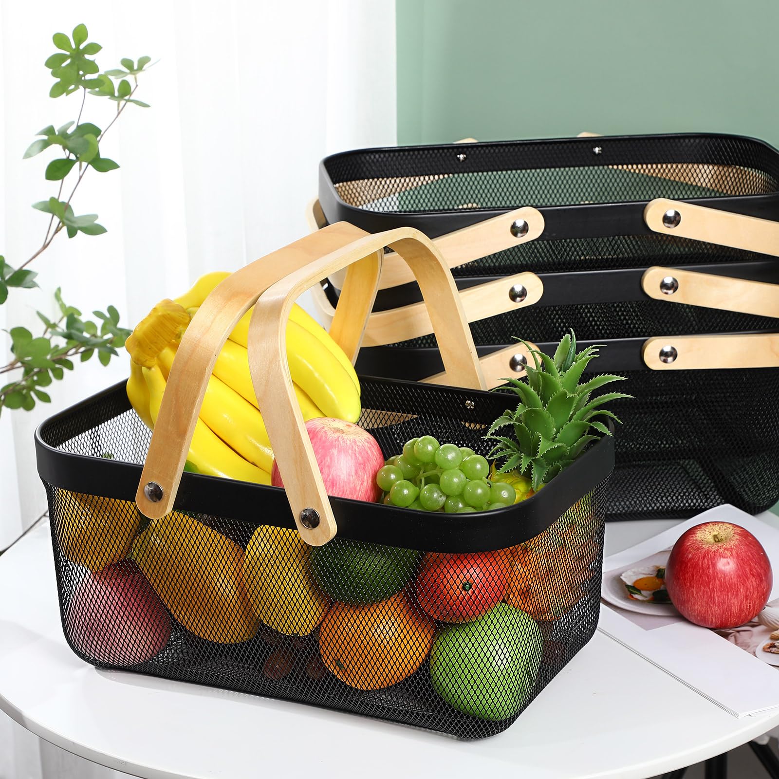 Sadnyy 4 Stück tragbarer Netz-Aufbewahrungskorb mit Griff, Metalldraht, Garten-Erntekorb, langlebige Gartenkörbe zum Sammeln von Gemüse, Obstkorb, Mülleimer für Küche, Garten, Schrank, schwarz