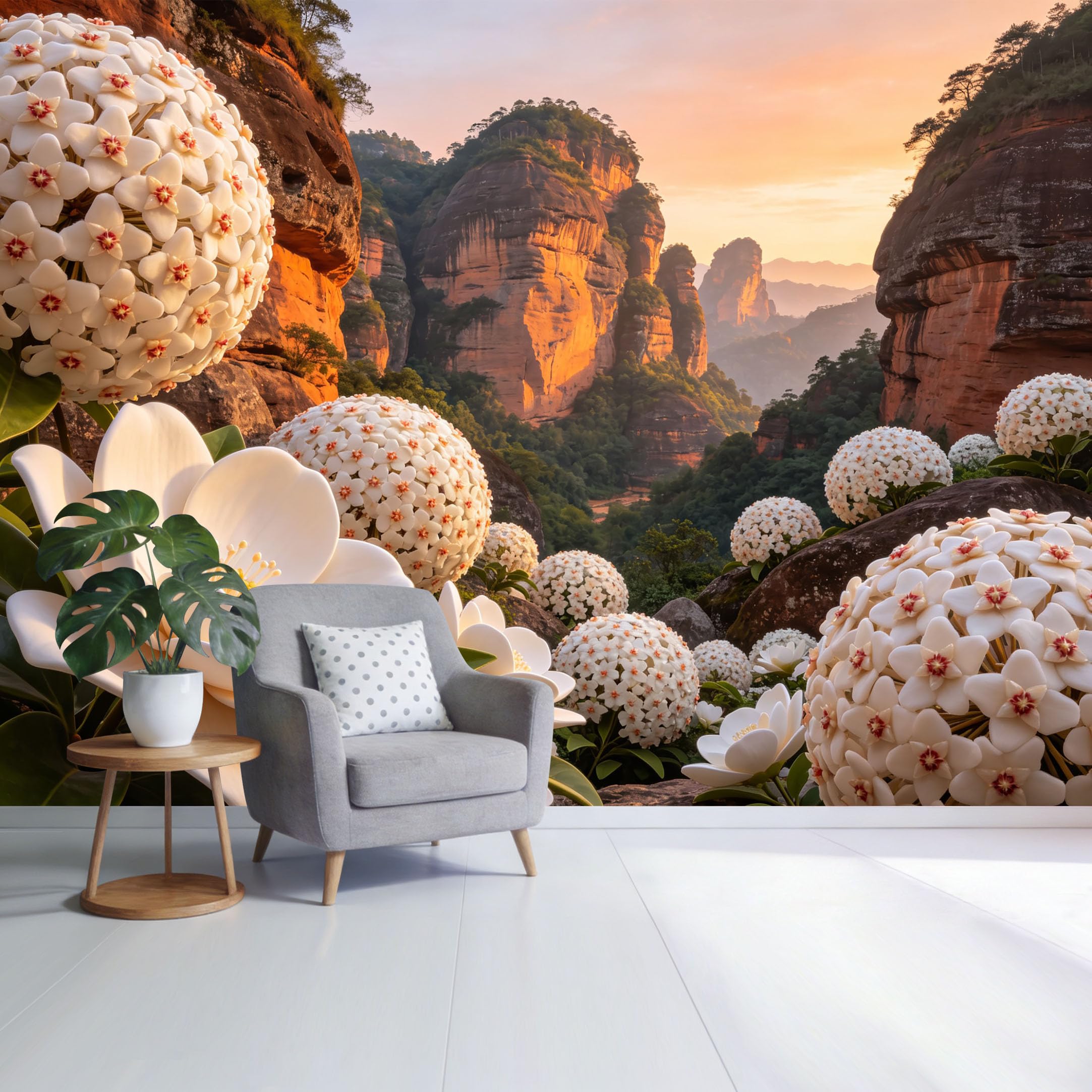 Custom Size Wall Mural Mountain Landscape White Blossom Valley Sunset Botanical Nature Scene SelfAdhesive Wall Fabric Removable Wallpaper for Home Office Decor