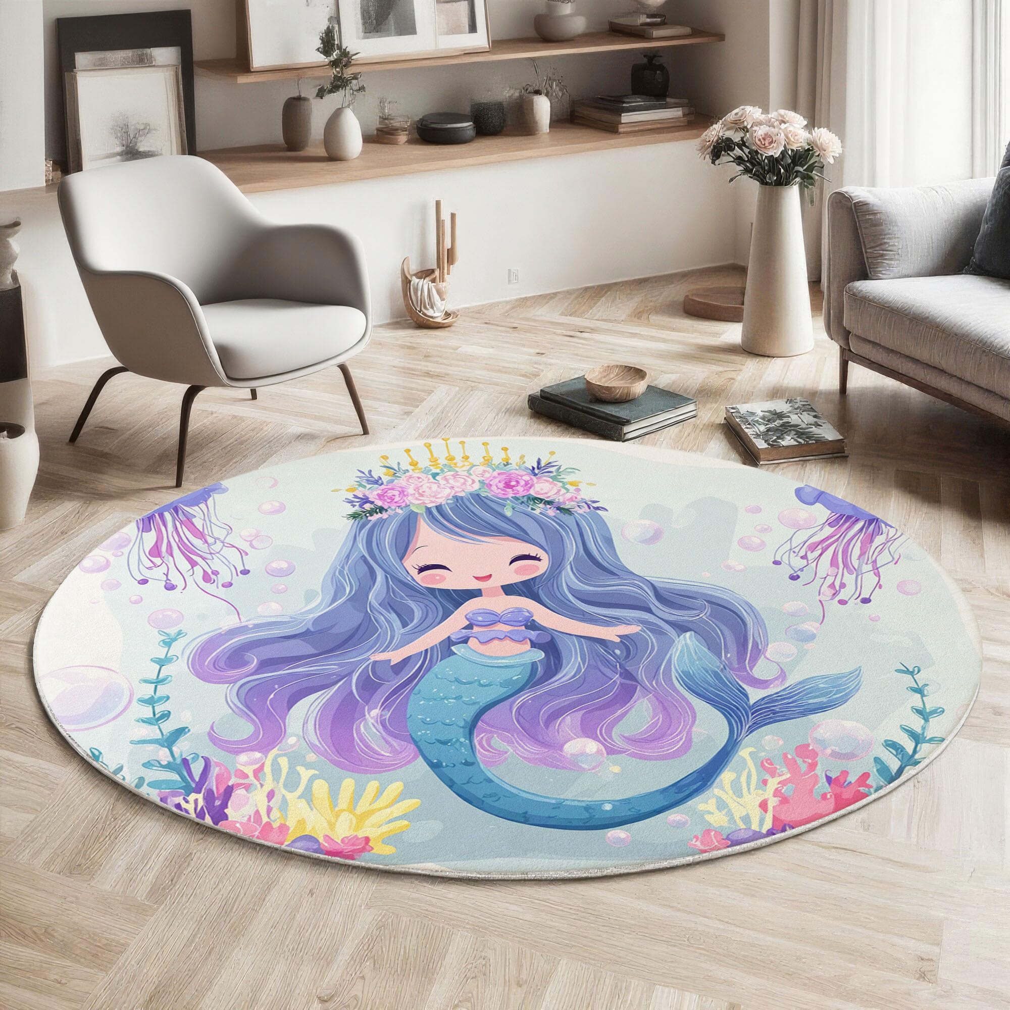 Waschbarer Teppich Rund 120Cm Süße Cartoon-Meerjungfrau-Prinzessin Teppiche Schlafzimmer - Waschbarer Kurzflor-Runder Teppich Mit Rutschfester Unterseite Für Esszimmer & Sund Kinderzimmer Hellblau