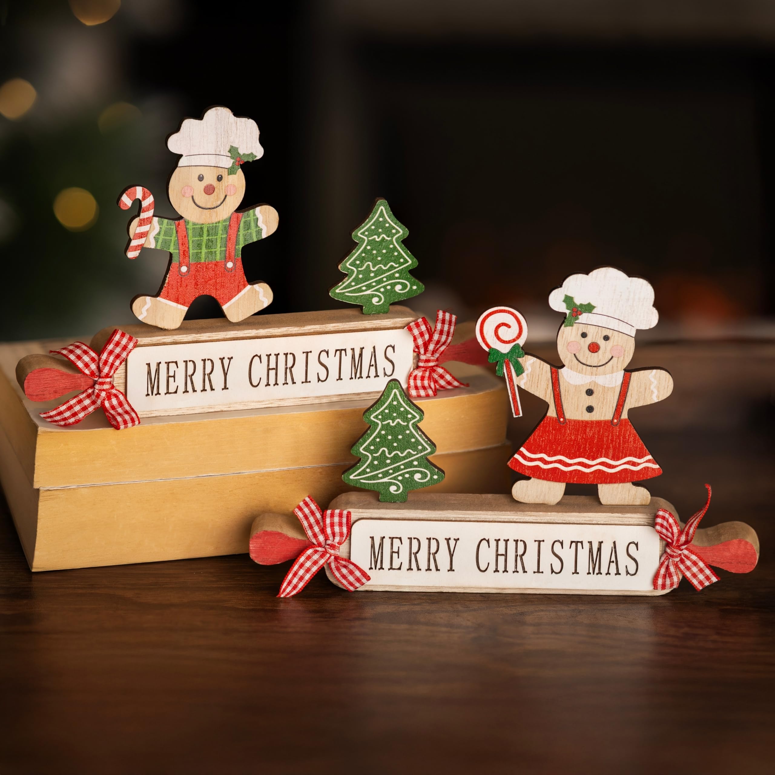 Marco Paul Wooden Merry Christmas Sign – 2 Freestanding Gingerbread Man - Gifts for Women - Festive Wooden Table, Mantel & Christmas Table Decoration - Holiday Home Decoration Ornament