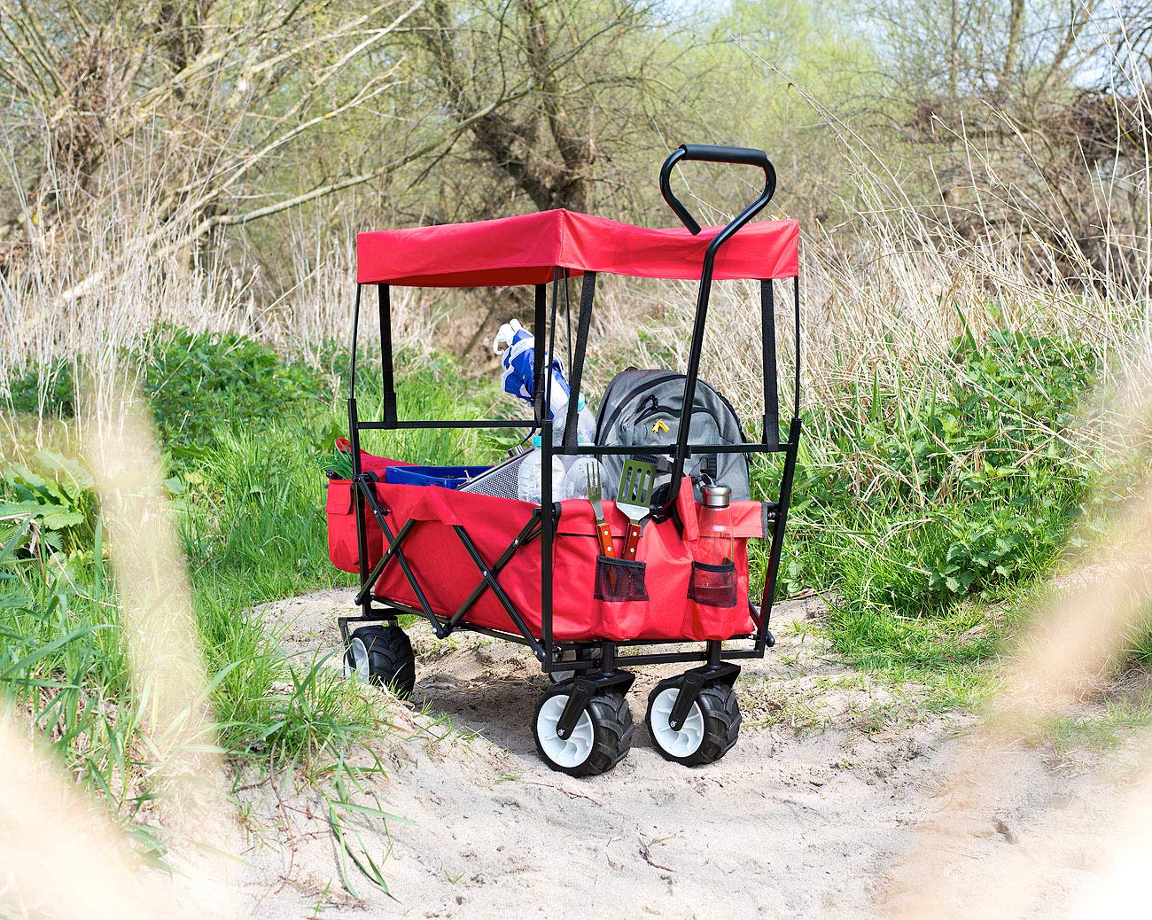 Xcase Falt Wagen: Faltbarer Bollerwagen mit Dach und Offroad-Rädern, 80 kg Tragkraft (Klapp Bollerwagen, faltbar Strand, Bier)