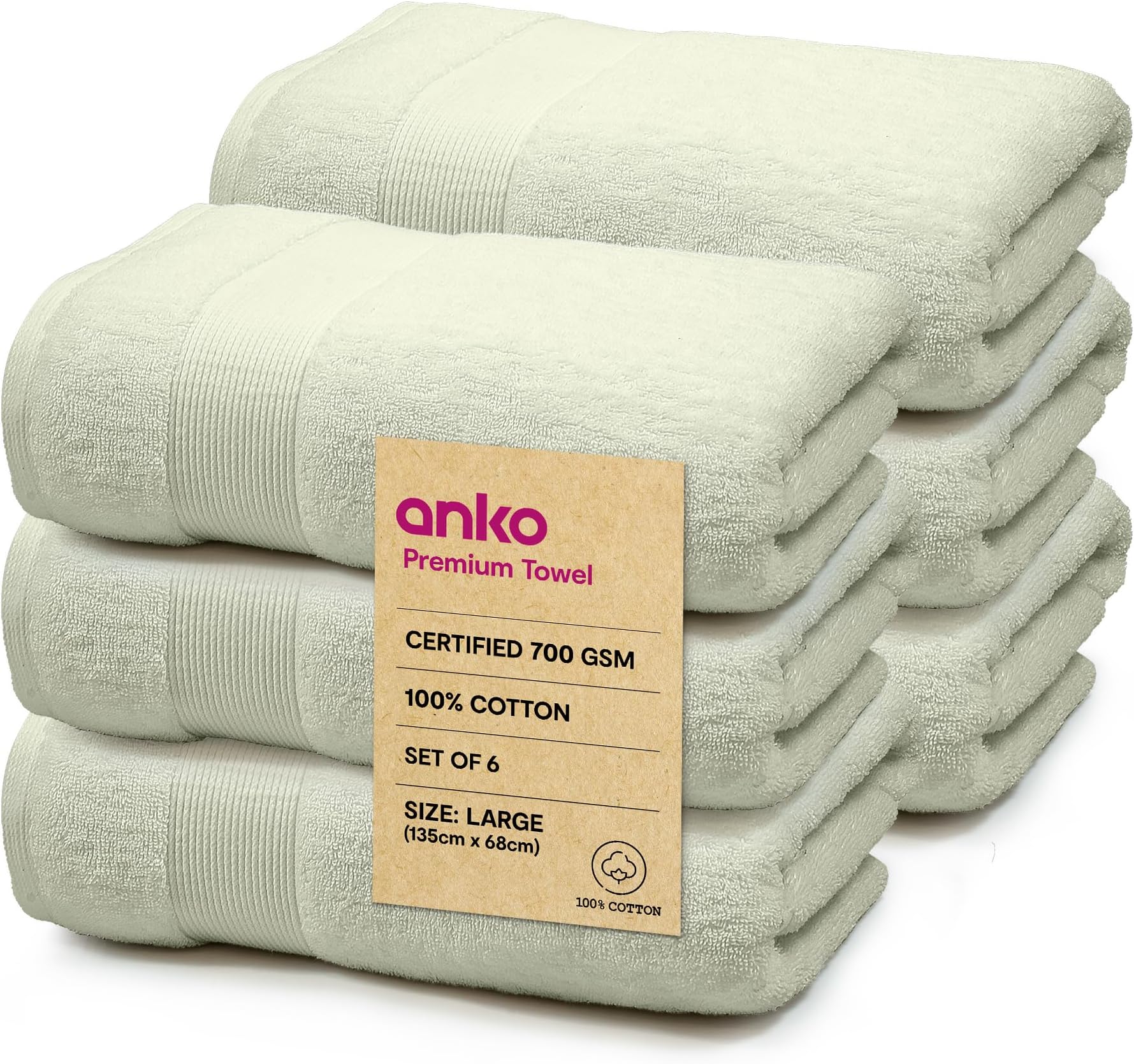 Anko Australia 100% Cotton 700 GSM | Green Bath Towel | 135 x 68 cm Large Size Bath Towel | Ultra Soft & Plush, Ultra Absorbent, Quick Dry, Fade-Resistant Bath Towels (Pack of 6)