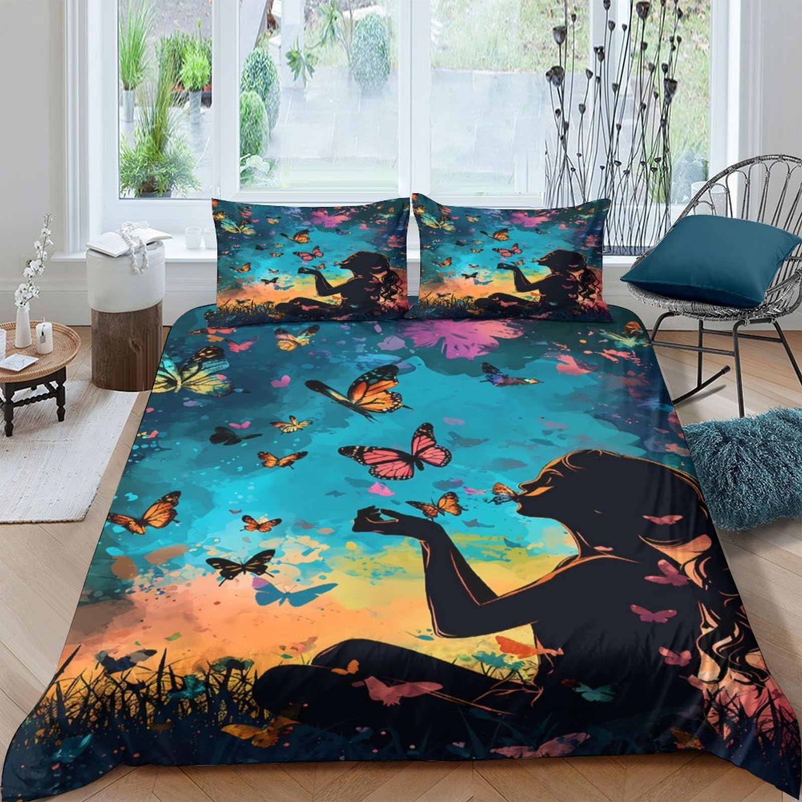 GPLZQXKJNH 3D Printed Silhouette Butterfly Duvet Cover Microfiber Soft Breathable Sunset Bedding Set with 2 Pillowcases for Bedroom Decor Single（135x200cm）