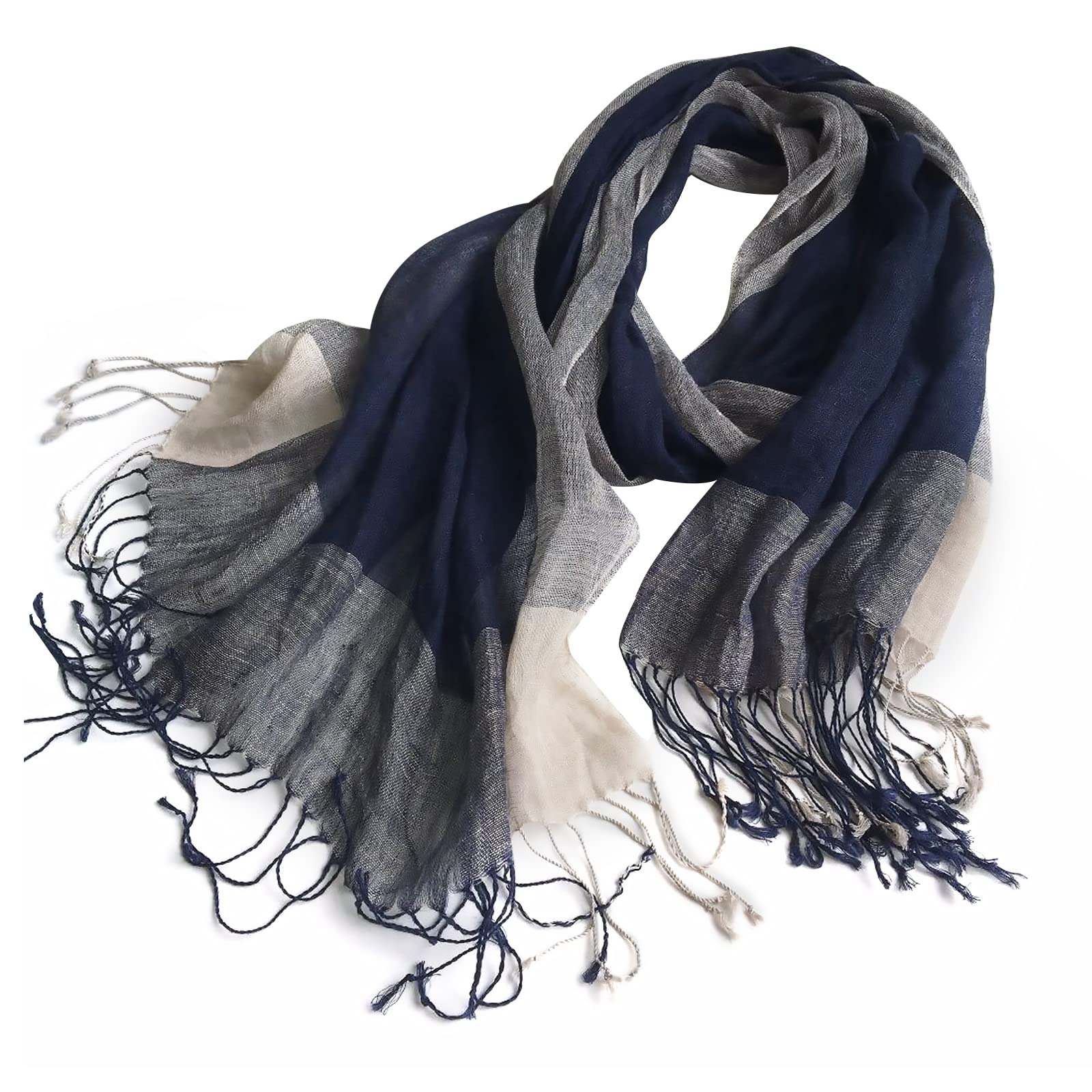 Lumisyne Unisex Navy Blue Plaid Fashion Scarf For Women Men Flax Linen Classic Plaid Striped Print Lightweight Breathable Scarves Warm Stole Sunscreen Shawl Wrap All Season